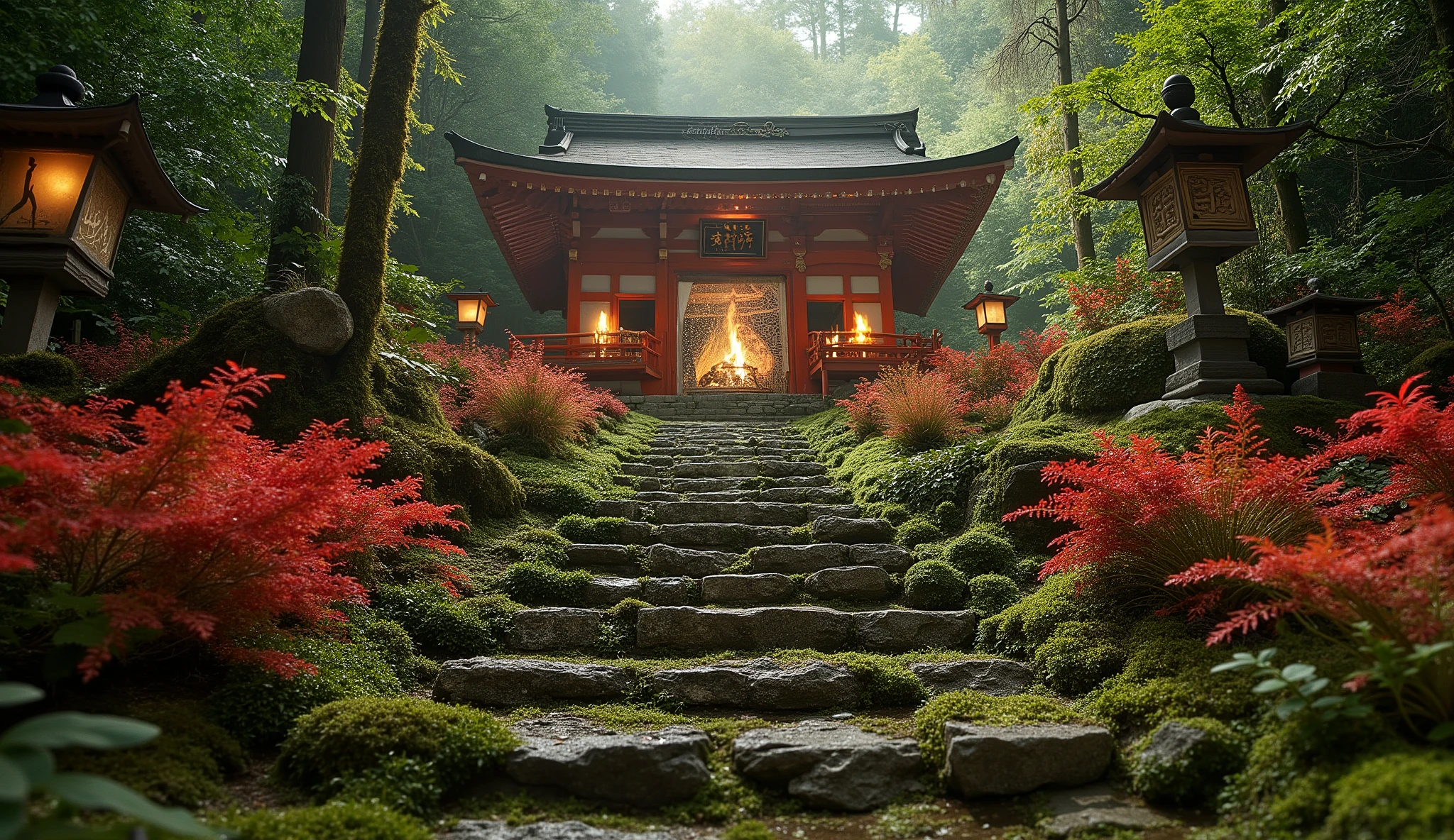 (古いAs I climbed the mossy stone steps, 、a vermilion Japanese temple appears:1.5),(As I climbed the mossy stone steps, 、A magnificent old shrine appears:1.5), (A beautiful world dyed in the sunset:1.5),A mysterious world),fantastic atmosphere,A fox fire is lit in front of the shrine,(the stone lanterns are all lit:1.5),(A bright red spider lily flower blooming secretly around a stone lantern:1.5),(the bright red flowers of Manjushaga in full bloom:1.5),(A beautiful world dyed in the sunset:1.5),(A bright red spider lily flower blooming secretly around a stone lantern:1.5),(A bright red manju shagge blooming secretly around a stone lantern:1.5), lots of higan flowers are blooming ,A lot of mandarin shagels blooming secretly around stone lanterns,countless spider lilies are blooming,
