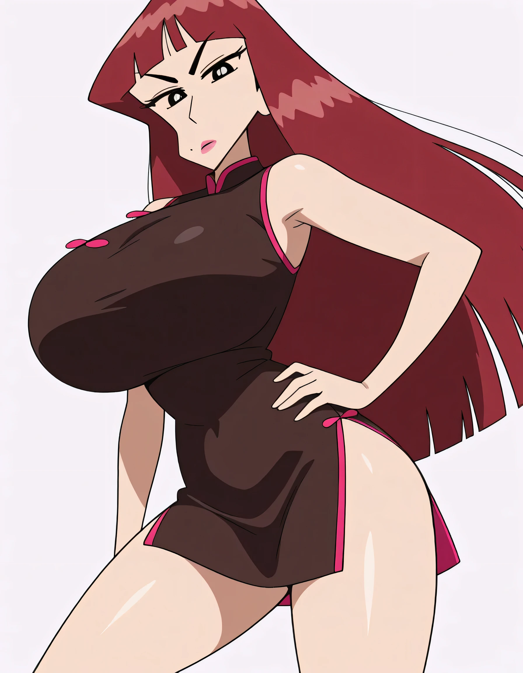 masterpiece masterpiece, ultra-HD, impressionism, high detail, best quality, very aesthetic, 8k, best quality, beautiful, anime coloring , Omega Ranran (Crayon Shin-chan) , shiny skin , glistening skin , red hair, makeup , bangs , blunt bangs , very long hair, china dress , bare shoulders , sleeveless , huge breasts , tachi-e,side slit , thighs , looking at viewer , mole under mouth , hand on hip , blank background