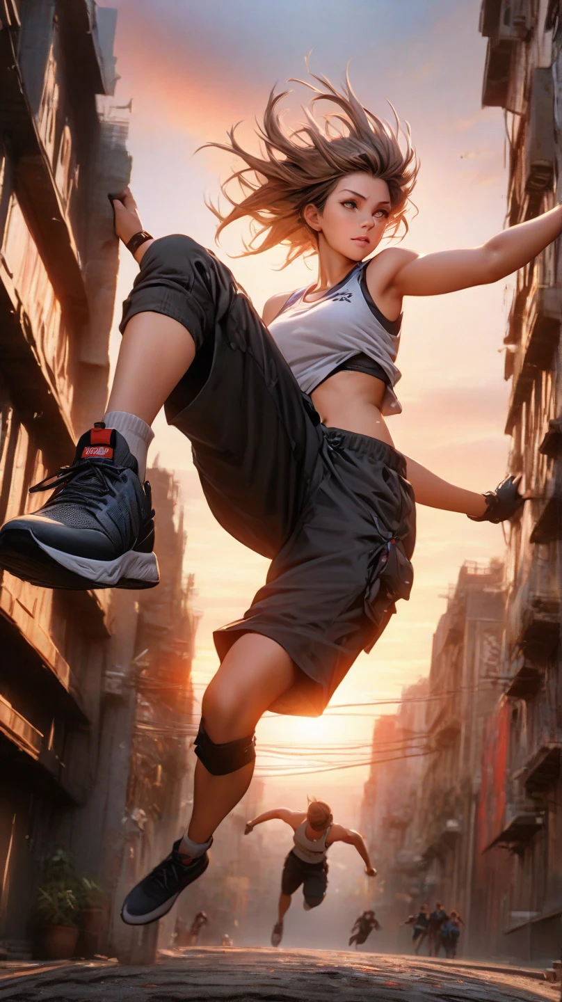 Award winner, supreme detail, imax cinematic, masterpiece, top quality, ultra sharp, photorealistic style, 8k resolution, vibrant colors, perfect , accurate limb proportions, dynamic athletic parkour movement, cute athletic girl are world champion parkour athlete, with short golden brown haircut, outdoor urban building environment, mid-jumping position between buildings, extended legs and hand graceful reach to other building, strong parkour leap between red building wall sections, precise foot placement, wearing fitted cargo shorts and sports tank top, parkour shoes, hand glove supports, bold primary colors, dramatic sunset lighting, determined expression, showing strength and agility, person-centered composition from slightly low angle, full body shot, highly detailed, sharp focus and contrast, extremely clear image, artistic parkour sport photography, hyper realistic effects. Speed photography effect. 1080P 8K