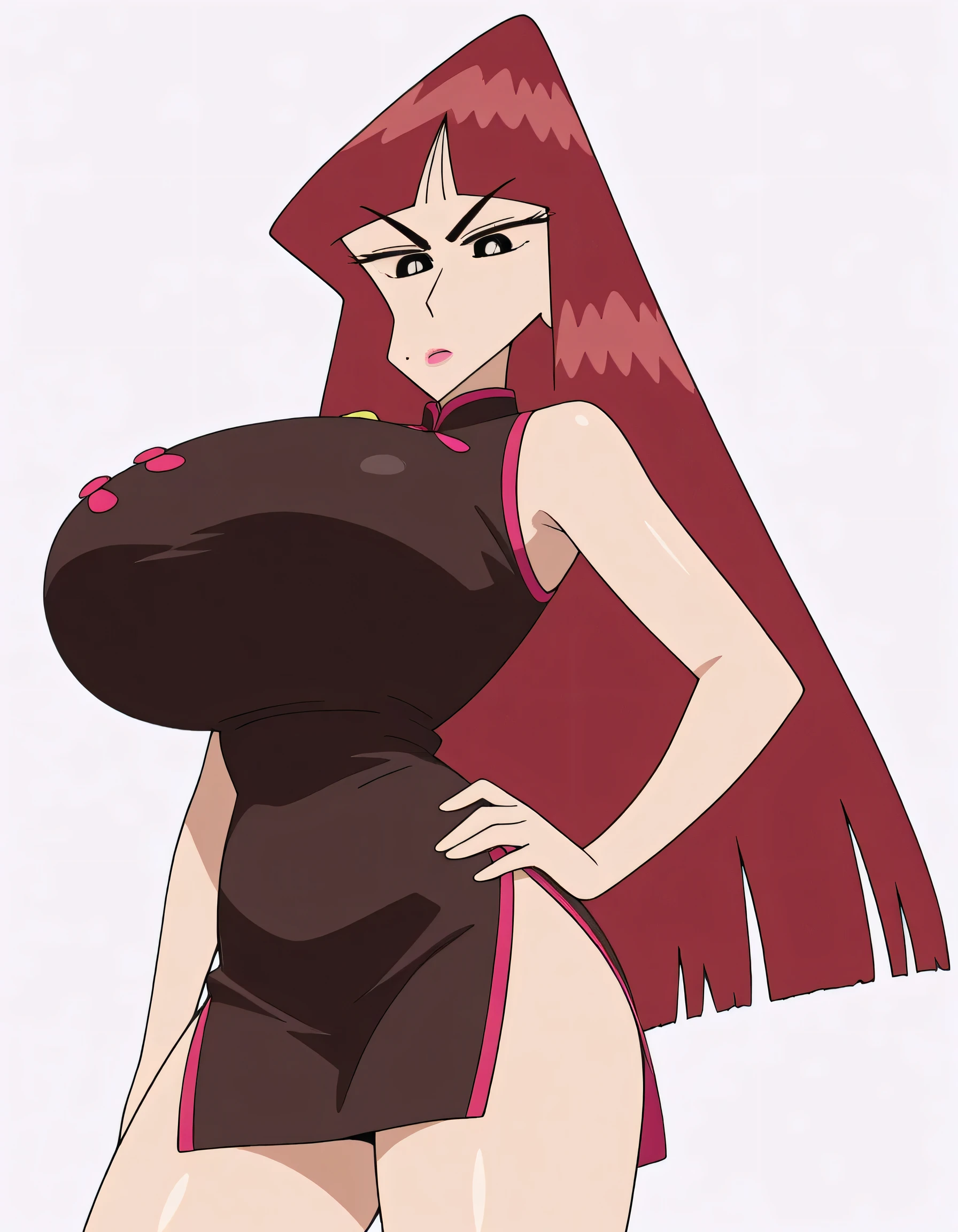 masterpiece masterpiece, ultra-HD, impressionism, high detail, best quality, very aesthetic, 8k, best quality, beautiful, anime coloring , Omega Ranran (Crayon Shin-chan) , shiny skin , glistening skin , red hair, makeup , bangs , blunt bangs , very long hair, china dress , bare shoulders , sleeveless , huge breasts , tachi-e,side slit , thighs , mole under mouth , hand on hip , blank background