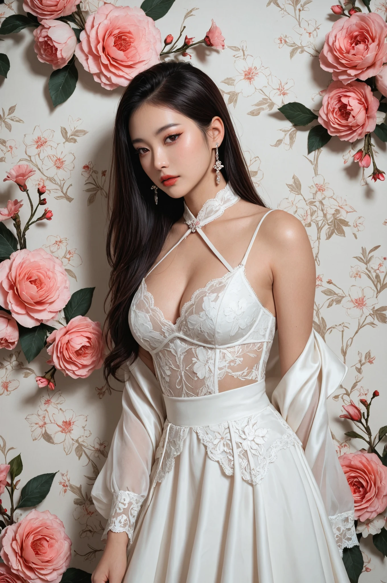 masterpiece, best quality, ultra-high definition, Korean woman,floral background, 8k resolution, glamour, glimmer, ethereal,aesthetic, gothic, Lace, concept art, smooth, dreamy, backlit, fantastical, shadows, smooth,realistic