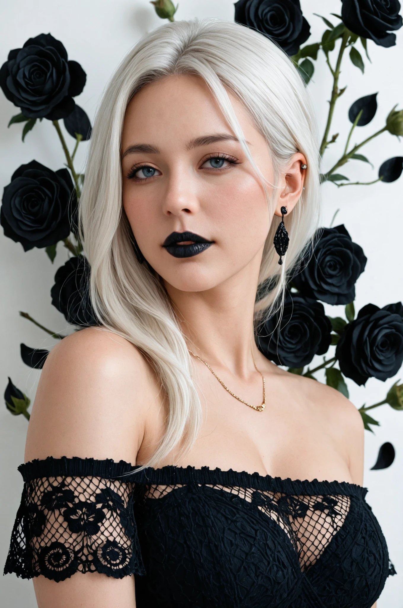 1girl, solo, mature female, Off-shoulder cat knit, looking at viewer, (falling black petals), perfect composition, detailed lips, beautiful face, piercings, blush, (black lips), long hair, white hair, one white ye the other blue, devious gaze, realistic, detailed, photo-shoot, realistic face and body, black roses, masterpiece, absurdres, best quality, amazing quality