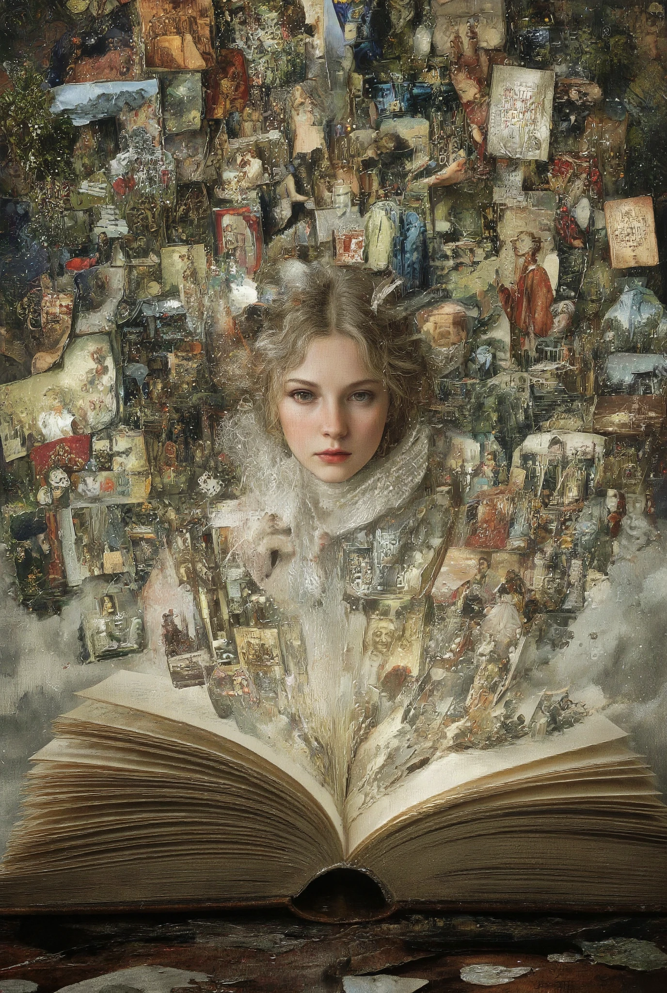 a girl opening a book, countless fantastical stories emerging from the pages, floating scenes of fantasy, history, romance, science, past and future, surreal elements, otherworldly visions, dense composition, highly detailed, complex art, intricate illustration style, magical realism, vibrant colors, dreamlike atmosphere, imaginative worlds, concept art, fantasy illustration, emotional expression, storytelling visual, by gustavklimt,