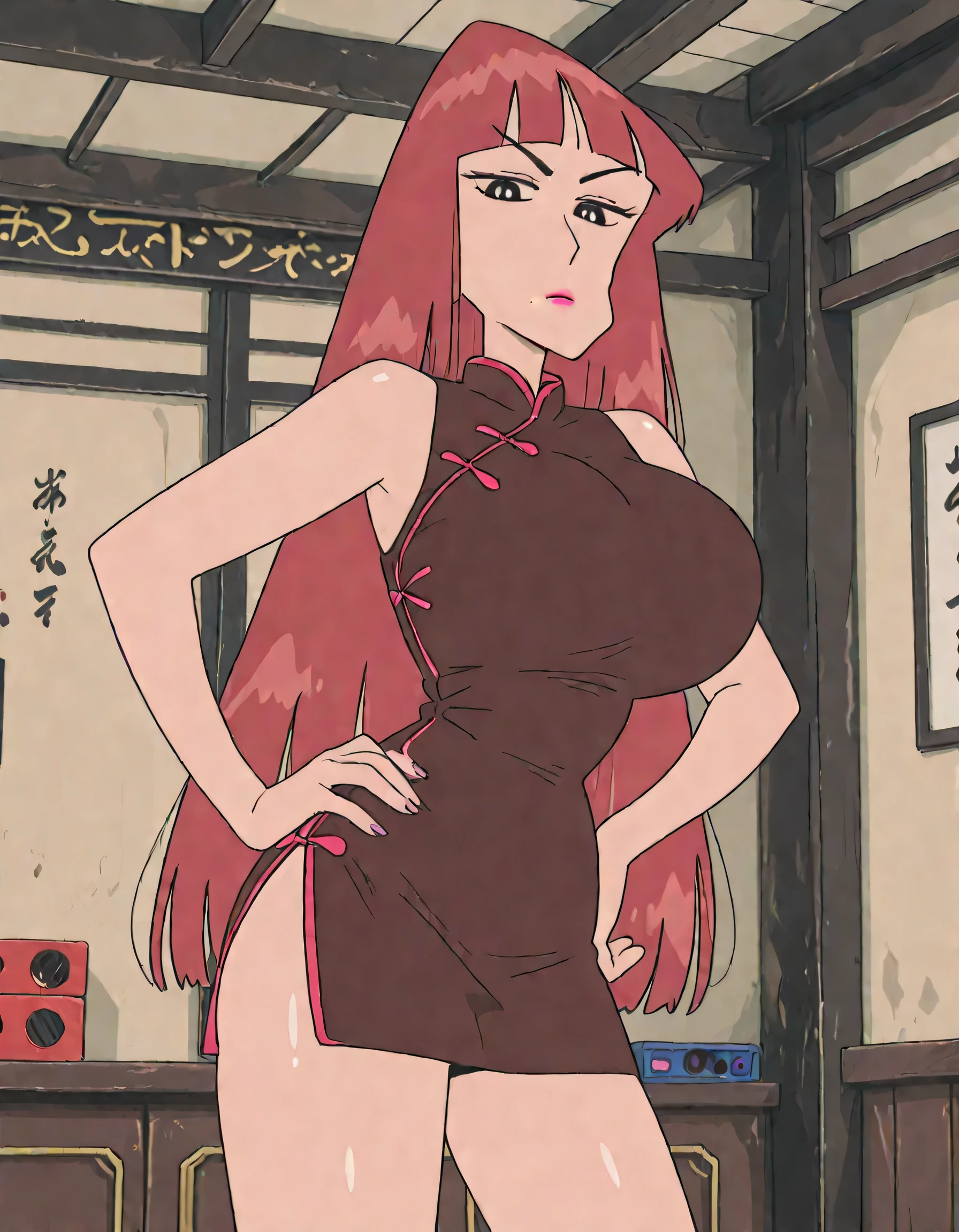 masterpiece masterpiece, ultra-HD, impressionism, high detail, best quality, very aesthetic, 8k, best quality, beautiful, anime coloring , Omega Ranran (Crayon Shin-chan) , shiny skin , glistening skin , red hair, makeup , bangs , blunt bangs , very long hair, china dress , bare shoulders , sleeveless , huge breasts , tachi-e,side slit , thighs , looking at viewer , mole under mouth , hand on hip , mugshots room background