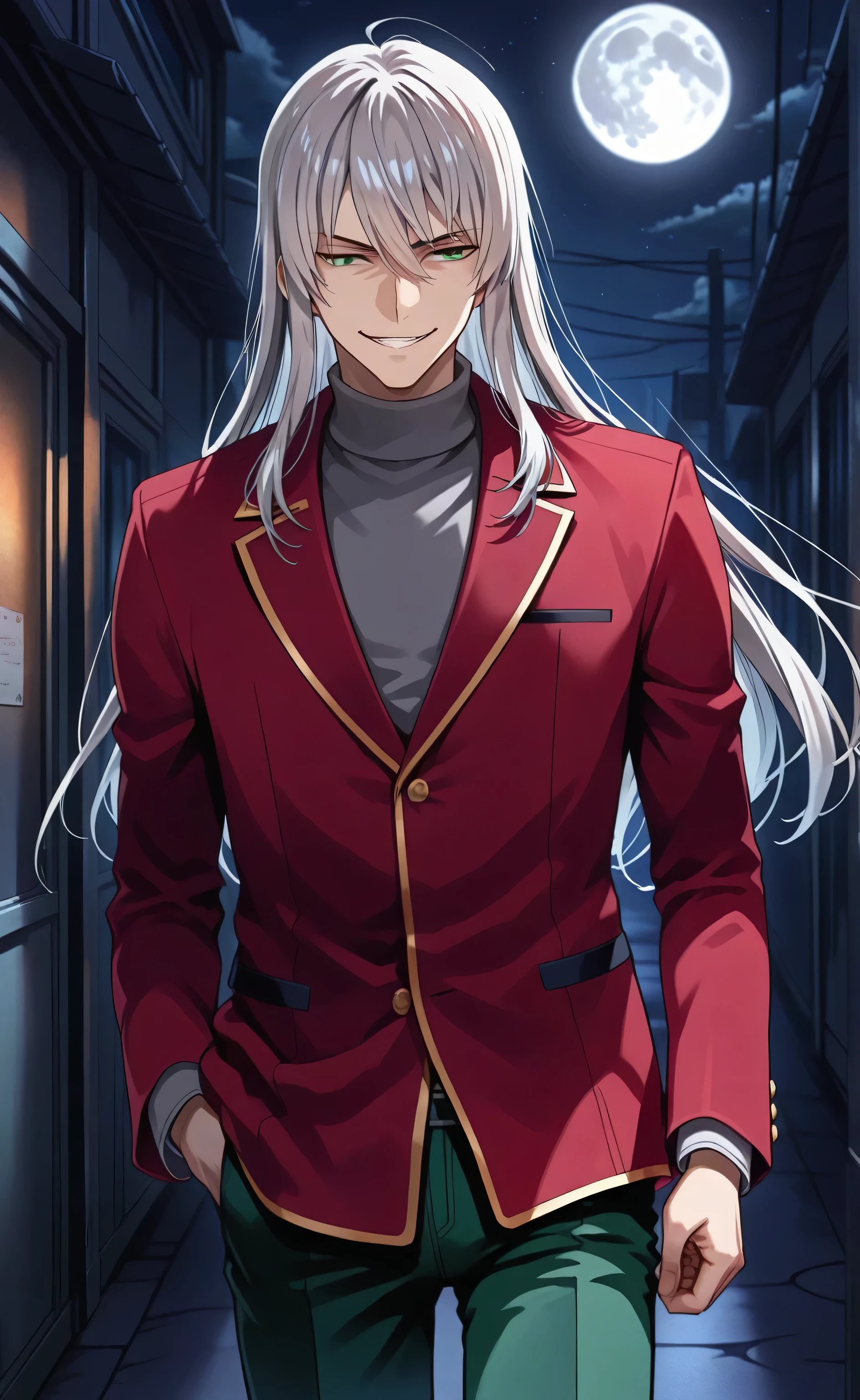 1male, solo, teenager, students, Gin, silver hair, long hair, evil grin, dark-green eyes, red blazer, grey turtleneck, green pants, alley, night, moon, Classroom of the Elite style,