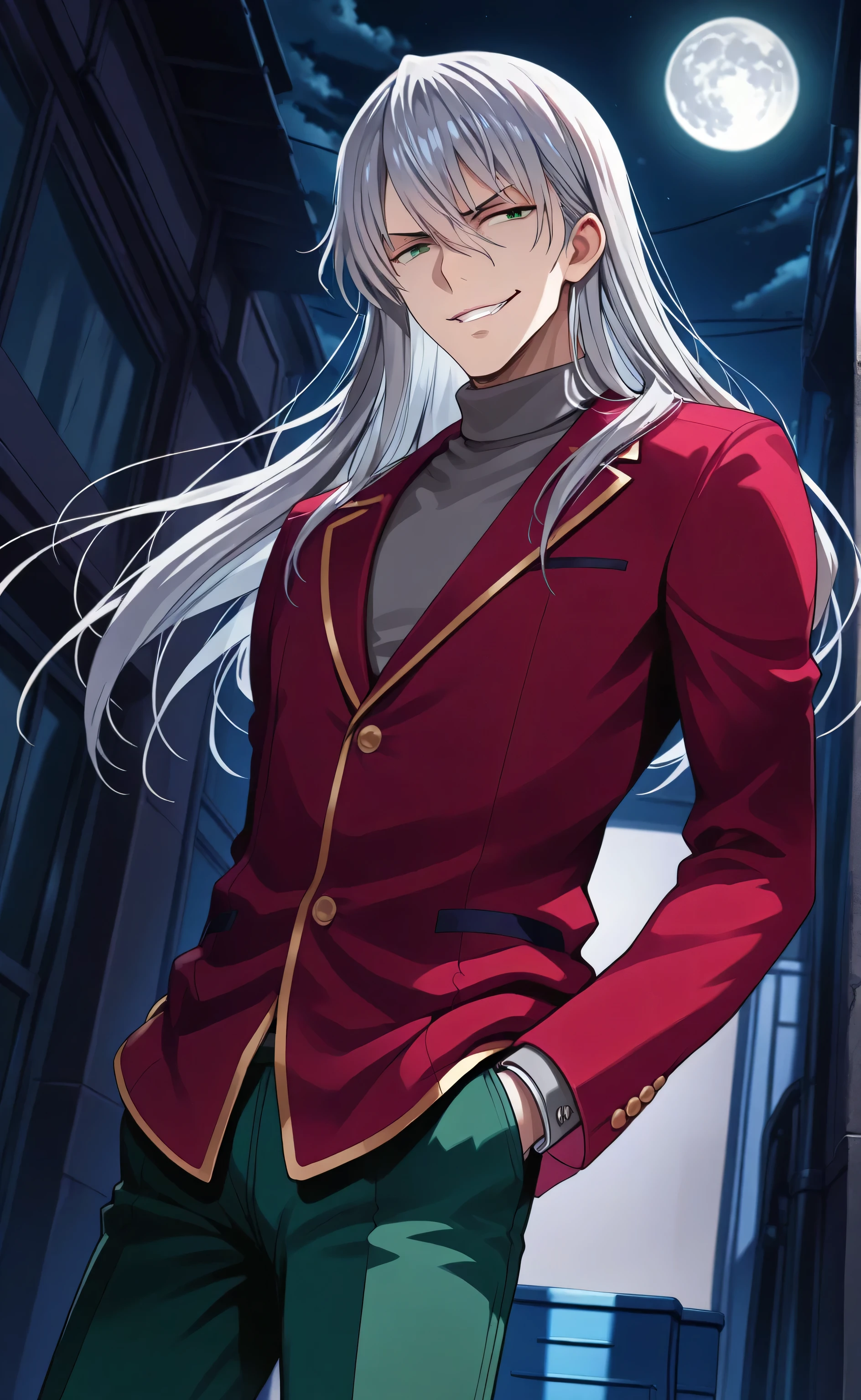 1male, solo, teenager, students, Gin, silver hair, long hair, evil grin, dark-green eyes, red blazer, grey turtleneck, green pants, alley, night, moon, Classroom of the Elite style,