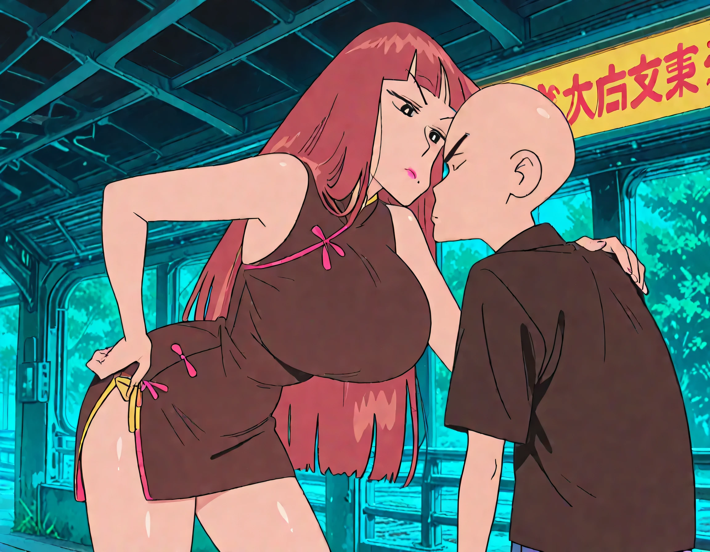 masterpiece masterpiece, ultra-HD, impressionism, high detail, best quality, very aesthetic, 8k, best quality, beautiful, anime coloring , 1boy , bald , tiny man , faceless , teenage male , face to face , Omega Ranran (Crayon Shin-chan) , shiny skin , glistening skin , red hair, makeup , bangs , blunt bangs , very long hair, china dress , bare shoulders , sleeveless , huge breasts , tachi-e,side slit , thighs , looking at viewer , mole under mouth , hand on hip , railway background