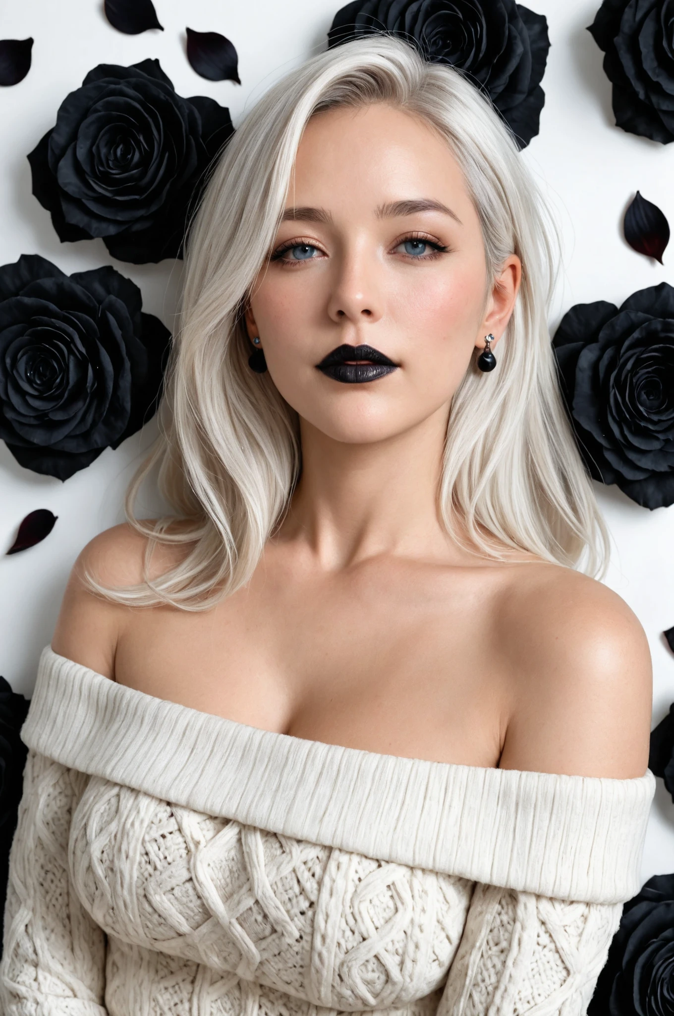 1girl, solo, mature female, Off-shoulder cat knit, looking at viewer, (falling black petals), perfect composition, detailed lips, beautiful face, piercings, blush, (black lips), long hair, white hair, one white ye the other blue, devious gaze, realistic, detailed, photo-shoot, realistic face and body, black roses, masterpiece, absurdres, best quality, amazing quality