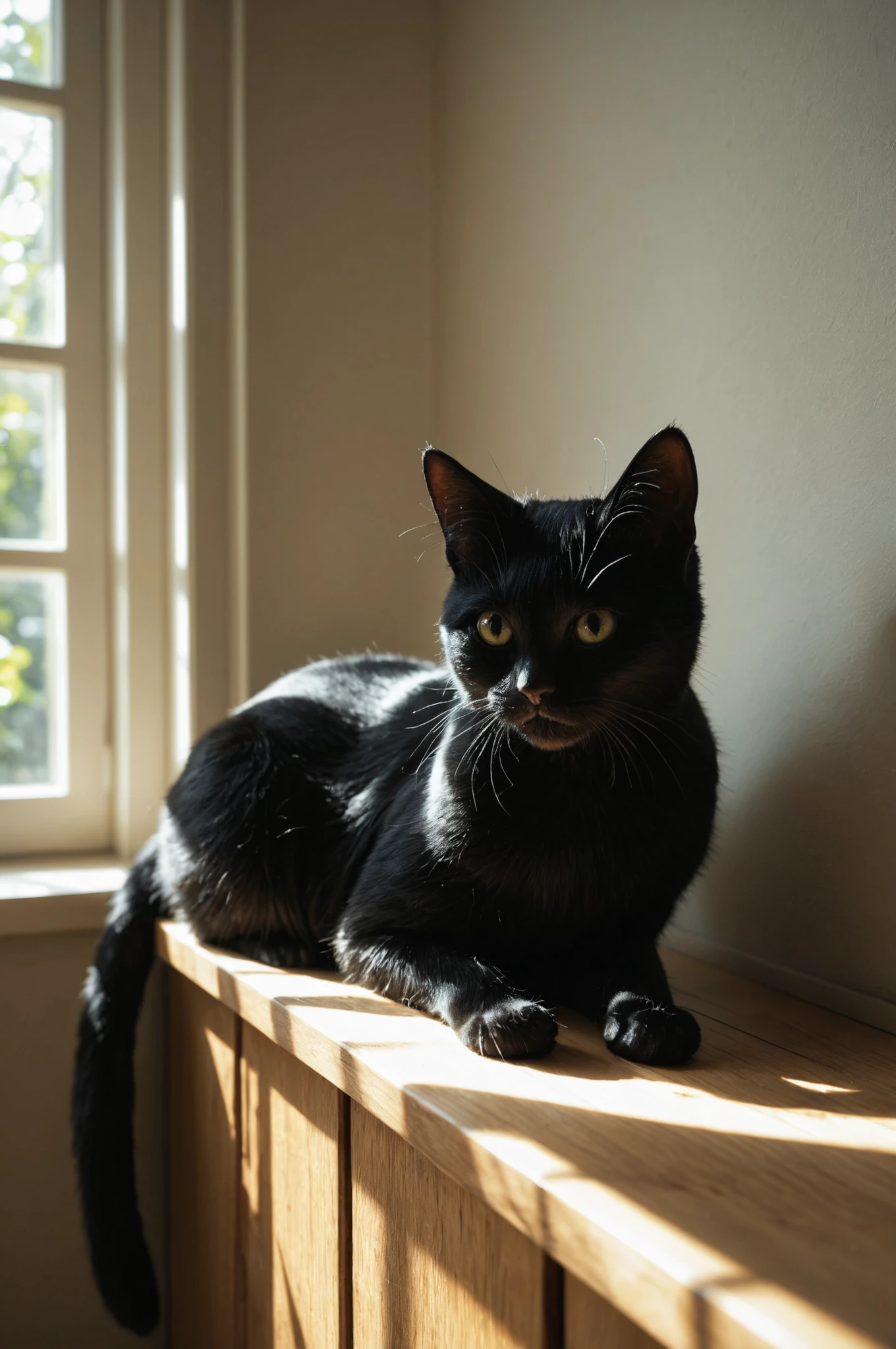 black kittens, photorealistic lighting, semi-realistic ultra-detailed illustration, vibrant yet natural atmosphere,natural sunlight,soft shadows,high contrast lighting