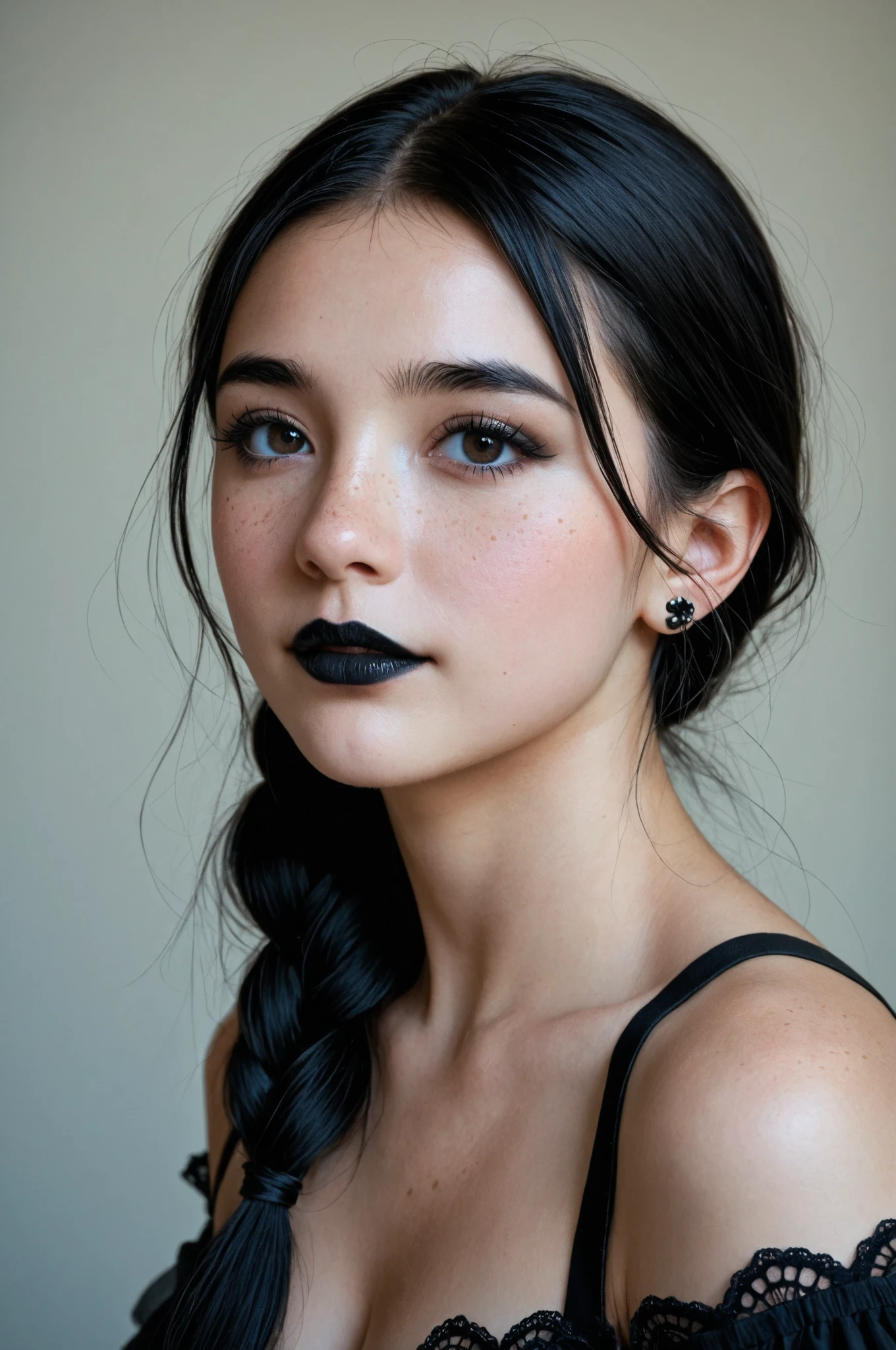 8k, photorealistic, ultra details, colorful, stunning woman,black hair, dark eyes, gothic colors, detailed_face, long_hair, braids, freckles, makeup eyeliner ,black lipstick, bright detailed eyes, eye level, portrait, soft light , goth girl, cleavage
