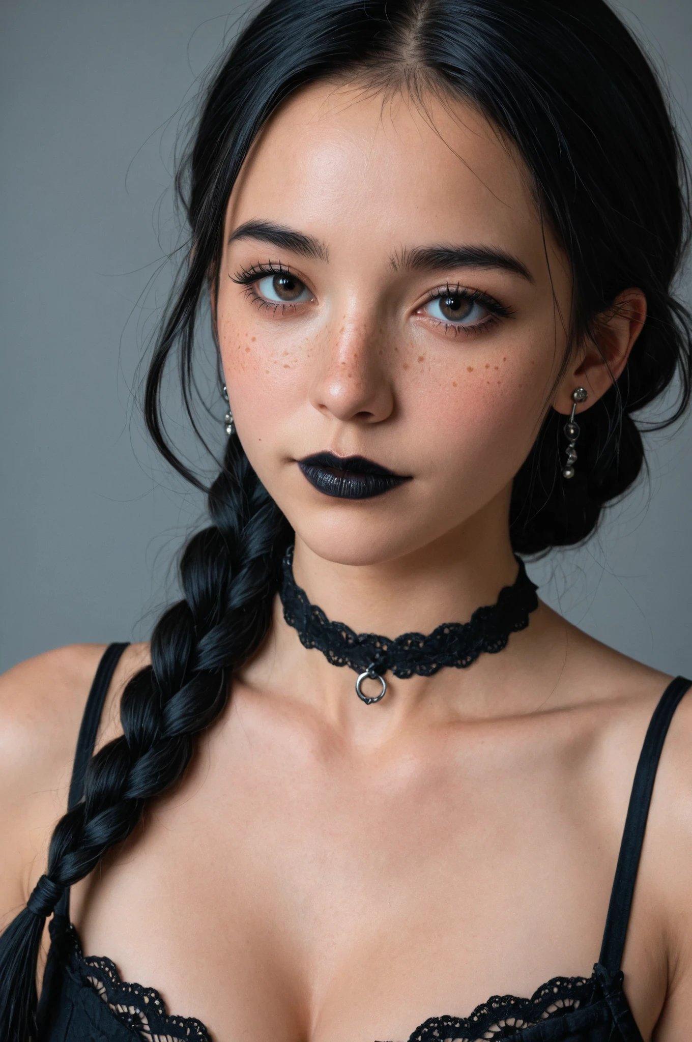 8k, photorealistic, ultra details, colorful, stunning woman,black hair, dark eyes, gothic colors, detailed_face, long_hair, braids, freckles, makeup eyeliner ,black lipstick, bright detailed eyes, eye level, portrait, soft light , goth girl, cleavage