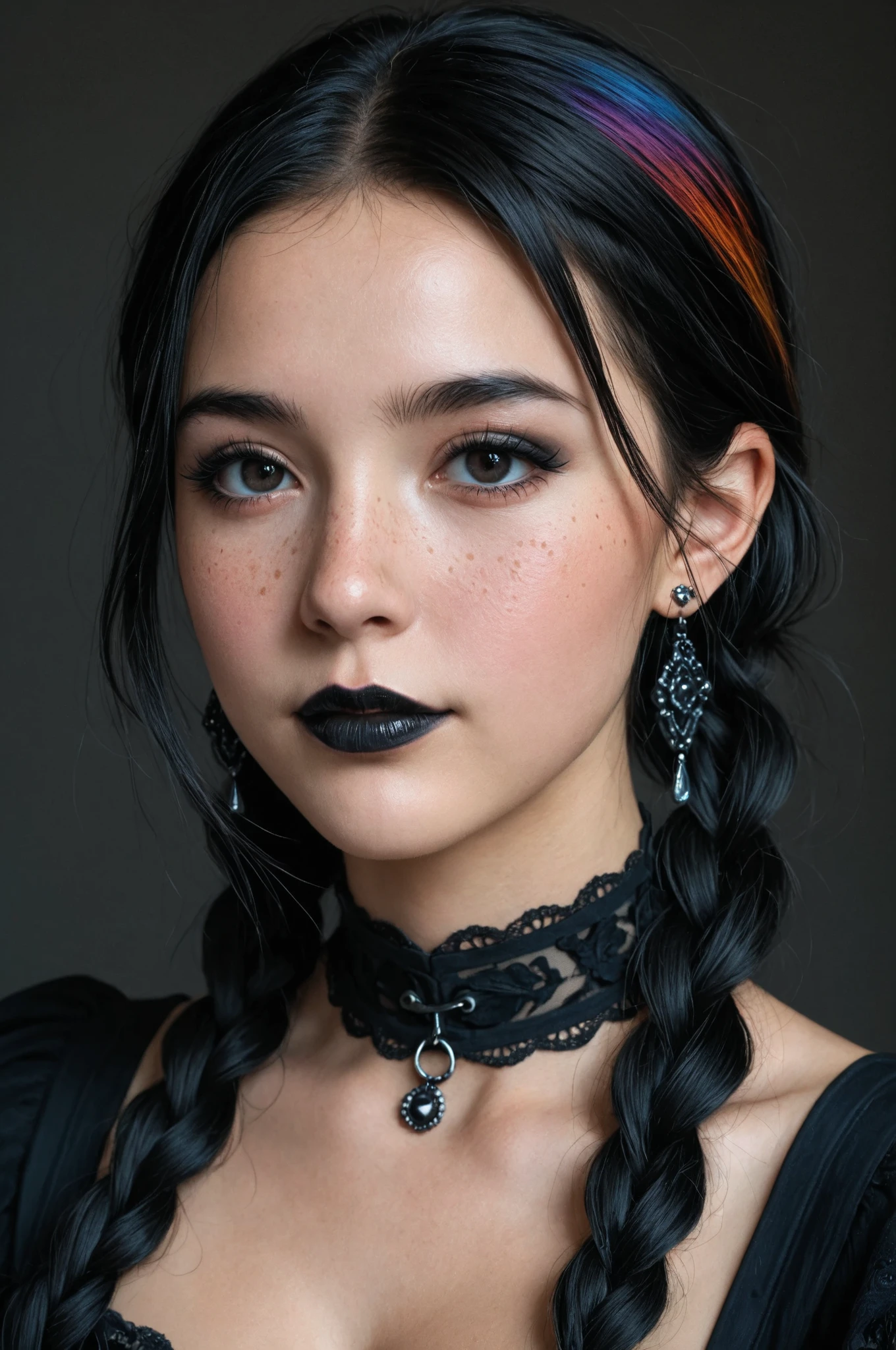 8k, photorealistic, ultra details, colorful, stunning woman,black hair, dark eyes, gothic colors, detailed_face, long_hair, braids, freckles, makeup eyeliner ,black lipstick, bright detailed eyes, eye level, portrait, soft light , goth girl, cleavage