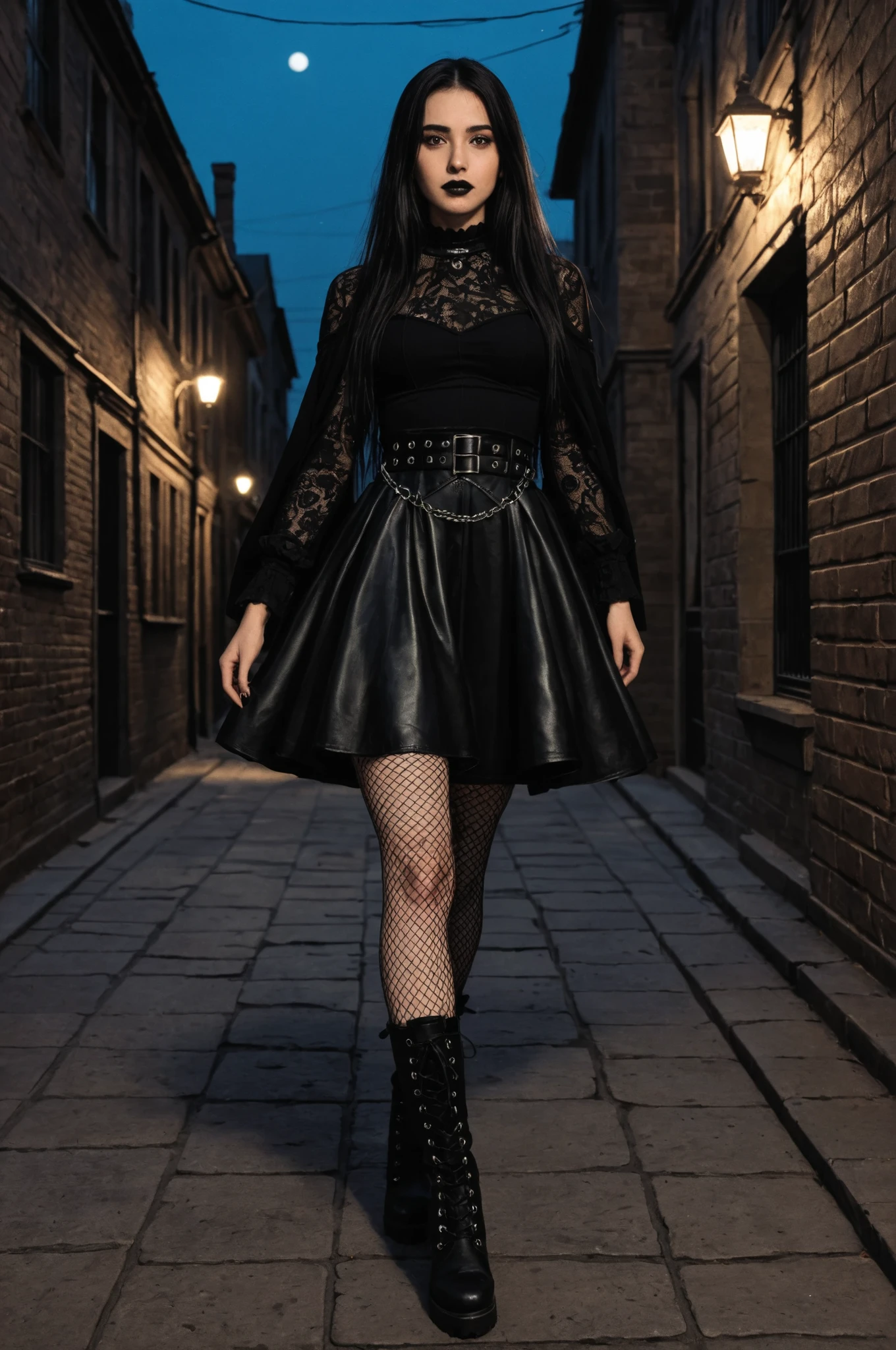 moody masterpiece, goth girl with long black hair and brown eyes, black lipstick, long lashes, mesh top, fishnet stockings, black leather belt, Tall gothic style boots,night. dimly lit setting, photo-realistic, masterpiece, best quality, UHD, rose