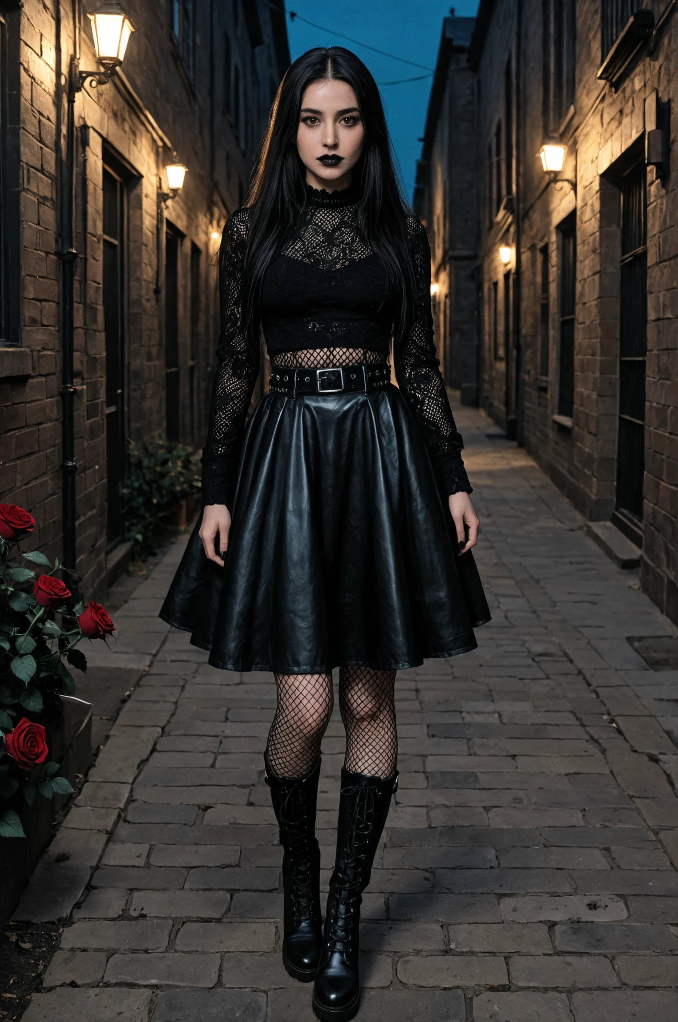 moody masterpiece, goth girl with long black hair and brown eyes, black lipstick, long lashes, mesh top, fishnet stockings, black leather belt, Tall gothic style boots,night. dimly lit setting, photo-realistic, masterpiece, best quality, UHD, rose