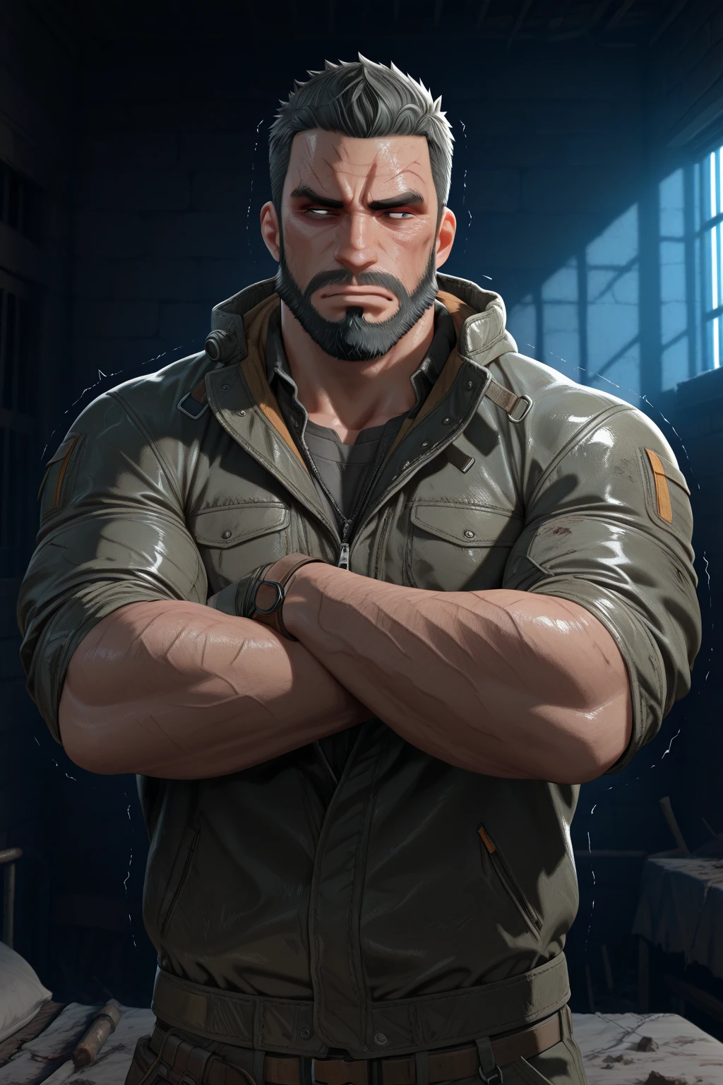 Masterpiece, Best Quality, Ultra Detailed, 1man, mature male, muscular, hunk, bara, jock, beef, black skin, black, taned skin, latino, 36 years old, black hair, grizzly hair, goatee, overcut hair, looking at the viewer, serious expression, gray shirt, half body shot, sci-fi background
