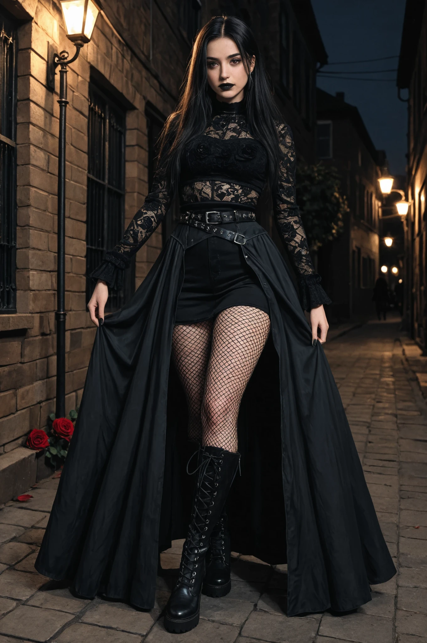 moody masterpiece,  goth girl with long black hair and brown eyes, black lipstick, long lashes, mesh top, fishnet stockings, black leather belt, Tall gothic style boots,night. dimly lit setting, photo-realistic, masterpiece, best quality, UHD, rose