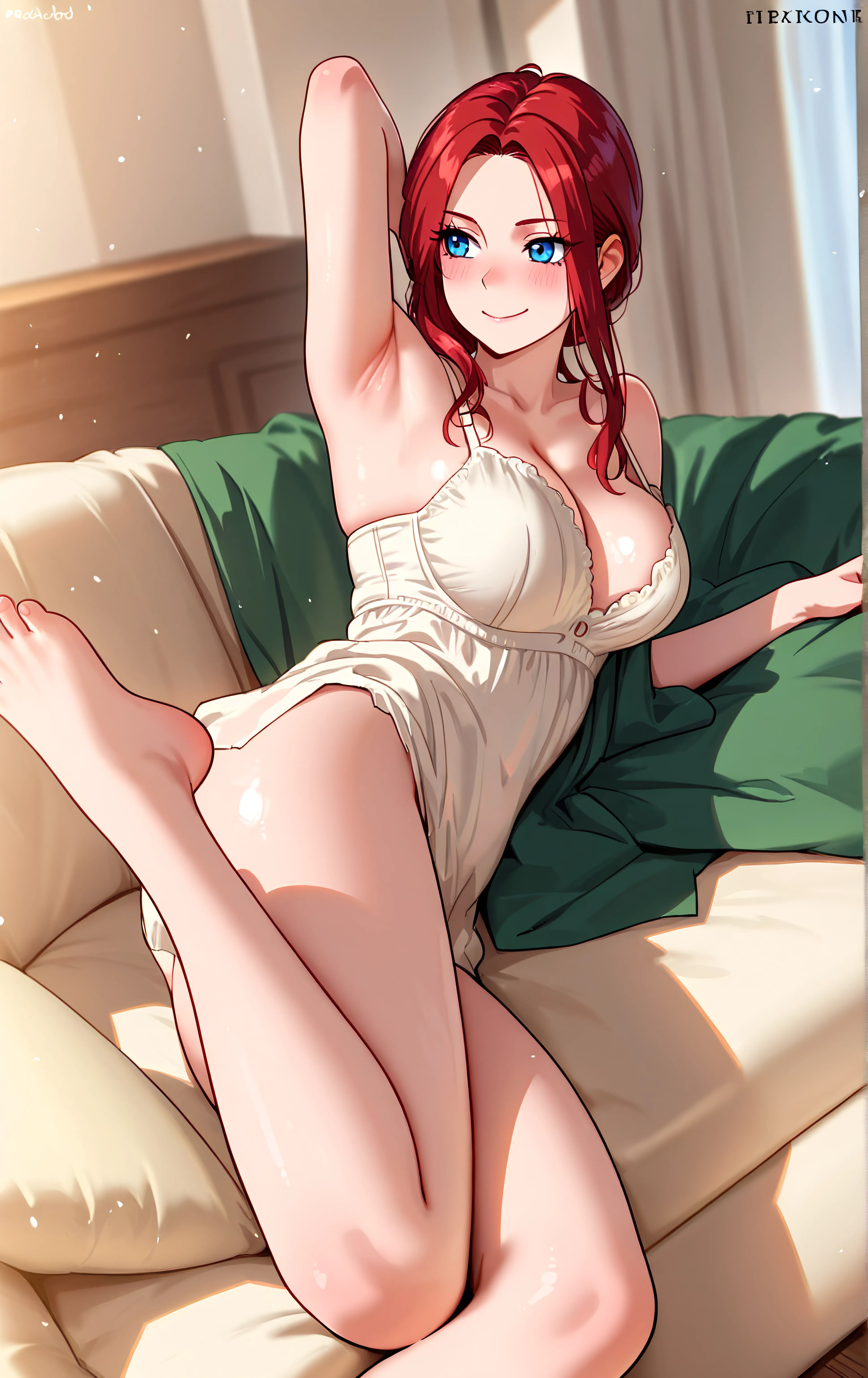 score_9, score_8_up, score_7_up, score_6_up, score_5_up, score_4_up, rating_questionable, , source_anime, digital illustration, pixiv, fanbox, uncensored, , BREAK, official art,
1girl, solo, mature female, alicia, red hair, blue eyes, 
lingerie, night dress, , bedroom, sitting, crossed legs, dominant, looking down, from below,seductive smile, , , blush, looking at viewer, cowboy shot,   <lora:Alicia_Magentano_Pony-10:0.8>
