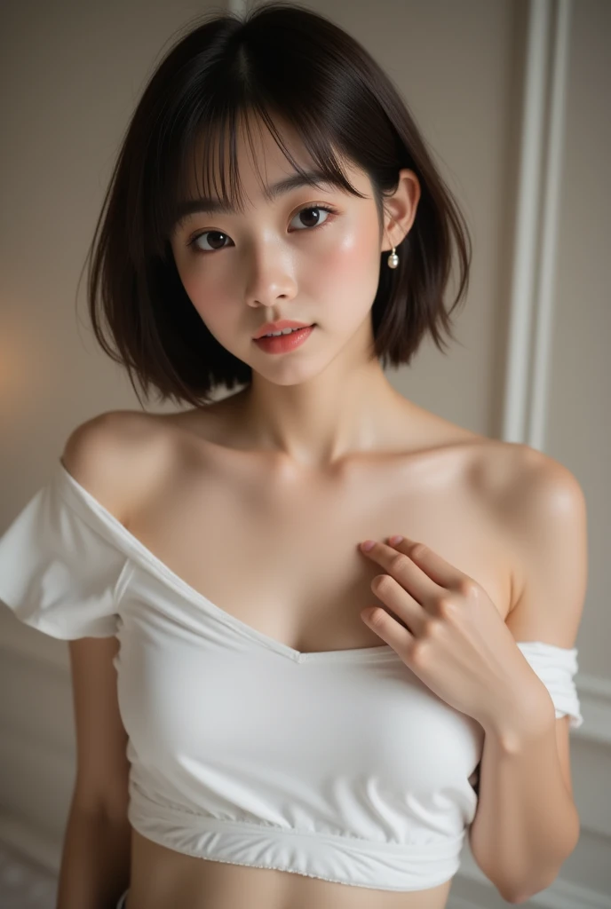 8K, RAW Photos, Fujifilm, ((Highest quality)), ((masterpiece)), (detailed), ((in the Dental Clinic)),((one girl)),長い髪と白いトップを持つアラフェアジア人woman, (no ),美しい韓国人woman, 美しい若い韓国人woman, Young and adorable Korean face, ゴージャスな若い韓国人woman, Korean Girls, Girl cute beautiful face, 韓国のwomanアイドルの肖像, Young and pretty Asian face, Cute natural anime face,Asian pretty face,((glistening eyes)),((glistening eyes )),((large eyes)),(( pretty eyes)),(()),(detailed),Perfect Face,((One girl)), ((clear eyes)),(scrawny：weight1.0〜2.0)iris, Elevation, space, (Natural Light), Dramatic lighting, Chiaroscuro, Emotional depth,woman,(()),((show off )), ((flat chest:1.4)),,slender, (a short bob),(well-groomed hair),delicate,Small breasts,((Small breasts)),the body is slender,Beauty,Beauty,4K quality,Young face,Big eyes,Brown eyes,Perfect Face, 17years old,breasts are very small,Model Body Type,Cute Face,Pink ,Symmetrical eyes,Glowing eyes,Natural smile,((Always show your boobs)),((Gaunt)),beautiful,((a short bob)), ((half body)),(  models hoot style),((intricate choker necklace)), (embarrassed blush:1.3),,(steam:0.8),(wet:0.8),(sweat:0.8),(trembling:1.3),(parted lips:1.4),(harf open eyes:1.6),(feeling weak:1.5), (lips),(intricate earrings),(()),((woman posing for a photo)),Photo from the waist up, Fine-boned face