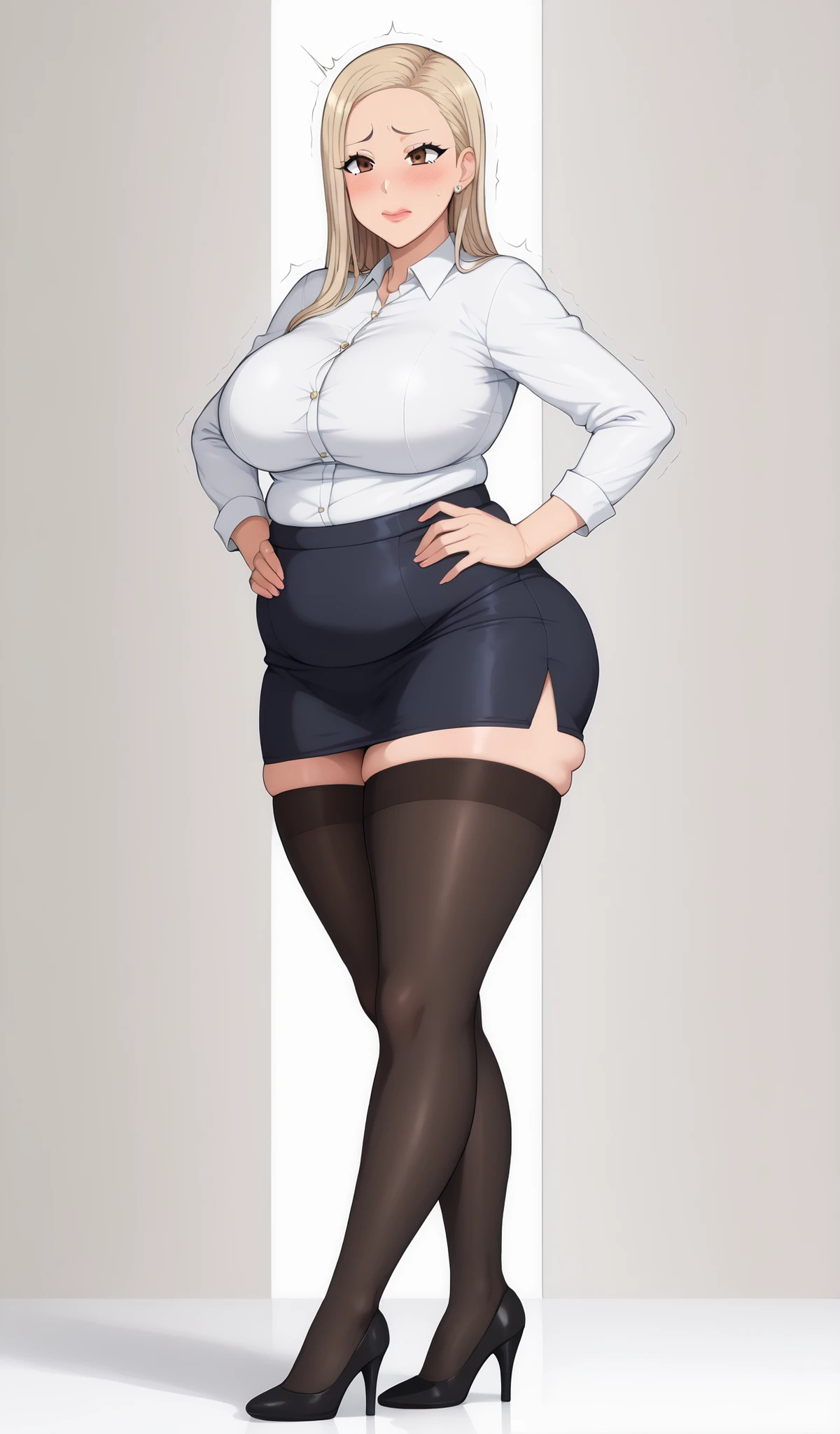 quality;{ Masterpiece , Ultra-realistic, 最高のquality,  HD,  Details,  High Resolution , 8k, 超 High Resolution , Realistic color saturation , プロフェッショナルquality,  perfect contrast,  perfect lighting, 素晴らしいquality, (Light gray background ),  Correct Anatomy ,}
composition;{(被写体から離れたcomposition:1.2), ( A beautiful secretary is photographed slightly from the front :1.2), (Light gray background :1.2), ( beautiful secretaries standing with black stockings and high heels :1.2),  , (Full body shot from face to ankles:1.2), ( Complete anatomy:1.4),   ( model pose standing with hands on hips ), (Reina Kurashiki's face :1.2), ( expression of pleasure or expression of climax :1.2),  eyelash , ( dark brown eyes),  blonde long hair ,  silver long hair ,  perfect skin,  clean skin,  version,  , sweat, Very curvaceous, ,  Wide Hips ,  huge ass,  steam, (Very wide thighs),, (Trembling legs:1.2), ( plump legs wearing black stockings that devour :1.2), ( anatomically correct body),, Perfect Arms, perfect hand,  Completed, (Perfect Legs), Perfect joint range of motion , }, 
 subject clothing ;{ ( Beautiful secretaries wear white shirts and tight, super mini skirts, black stockings, and high heels :1.4), ( The high waisted tight miniskirt is very short :1.2), ( Beautiful, fully clothed secretaries The beautiful secretary is strictly obligated to wear a white shirt, tight, super mini skirt, black stockings, and thick high heels with high heels:1.8), (The beautiful secretary's high heels have thick soles and round toes:1.2)}, pudgy, trembling, embarrassed, blush, fat, bloated, chubby belly, overweight, medium boobs,