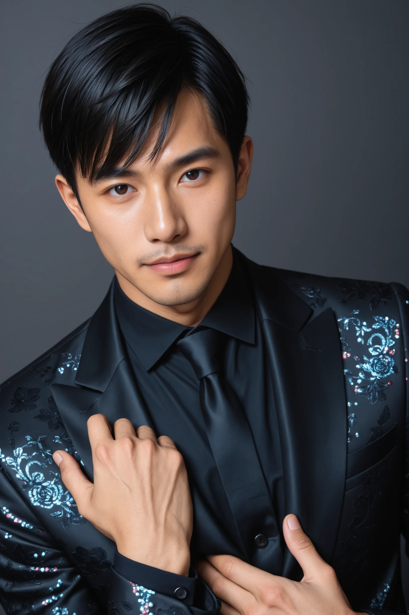 8k, photorealistic, ultra details, colourful, Chinese man,black hair, dark eyes, detailed_face, Idol, bright detailed eyes, soft light, black couture suit, luxury office background