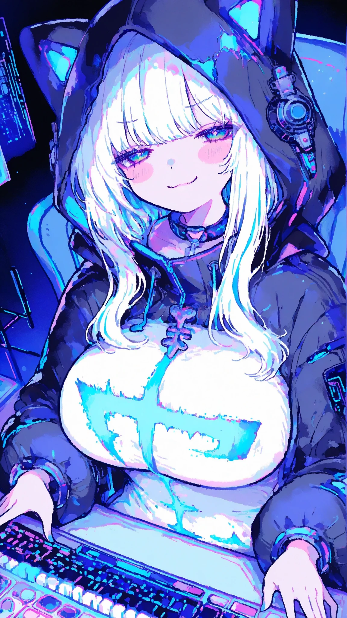 hacked,ハッカーのwomanhood,パソコンの前でhackedしている,keyboard,womanhood,1girl,Suites,,Cyber,BIG BREASTS,,,smug,,dynamic,anime,masterpiece,Highest Quality,great quality,very beautiful,Newest,