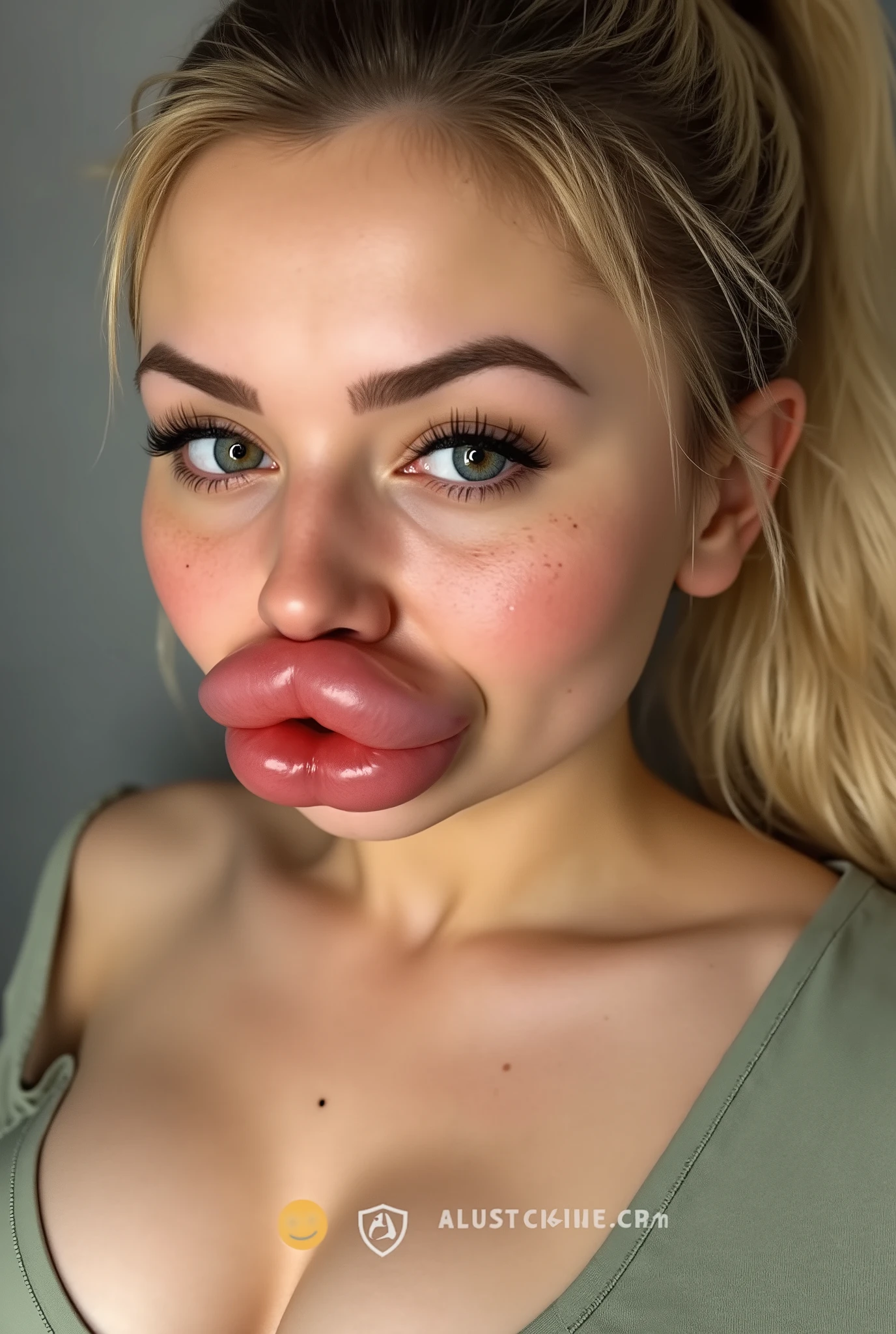 Beautiful young woman with delicate, realistic facial proportions. Heart-shaped face with slightly rounded jawline and soft feminine features. Smooth, fair skin with a few natural freckles across the cheeks and nose. Medium-high cheekbones that create a subtle contour under the eyes. Straight, well-balanced nose with a narrow bridge and softly rounded tip. Full, pouty fake looking bimbo lips. Almond-shaped eyes with light blue-green color, slightly wide-set, framed by natural lashes. Medium-arched eyebrows following the eye shape. Light blonde, slightly wavy hair framing the face naturally. Soft daylight illumination highlighting skin texture and a warm, lifelike glow. Long blonde hair in a high ponytail.