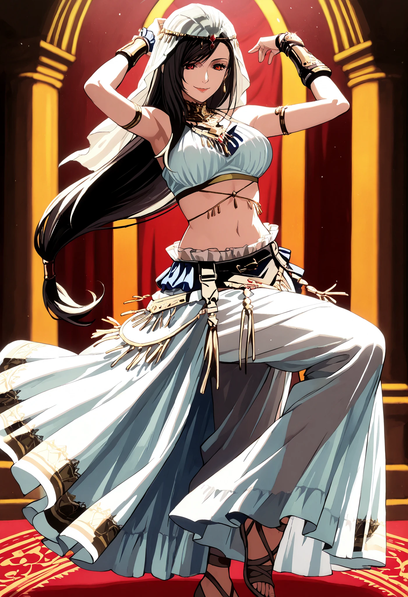 (1girl:1 . 5) , (Seul:1 . 5) , score_9 , score_8_haut , score_7_haut , source_anime , Official work , ultra-detailed , masterpiece , better quality , high resolution , beaux yeux , detailed eyes , Detailed face , beautiful detailed eyes,black hair, swept bangs, low-tied long hair, red eyes,Final Fantasy,Tifa Lockhart, dancer_fft,crop top,long skirt, belt,bracers, sandals, shawl,golden jewelery,armlet, belly dancing,arabian theater,seductive smile, dancing with veil, dynamic movement,dance posture, seductive pose
