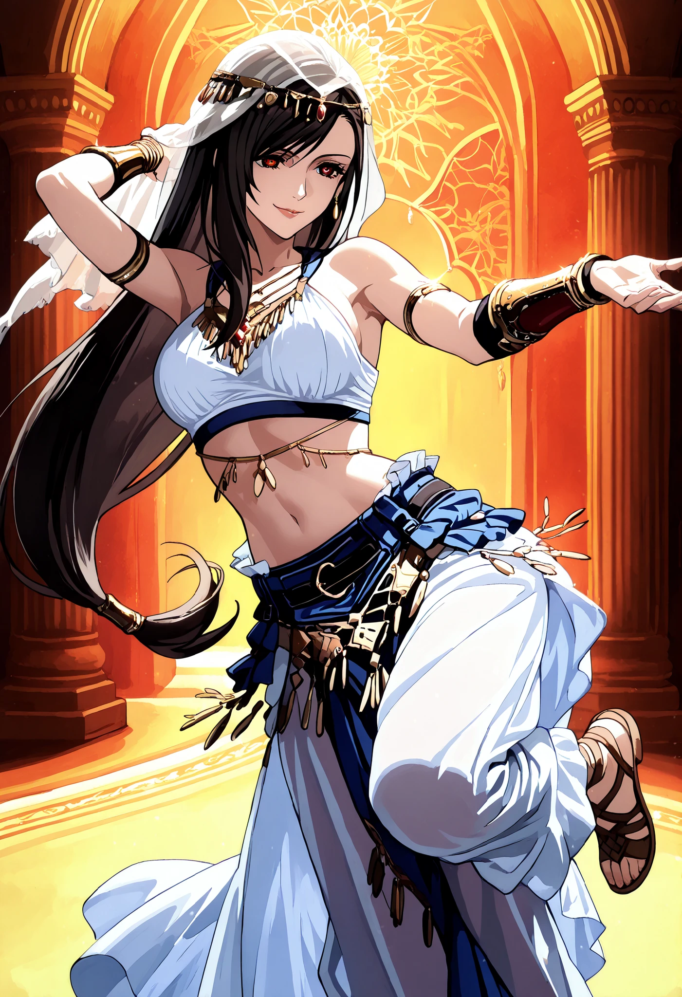 (1girl:1 . 5) , (Seul:1 . 5) , score_9 , score_8_haut , score_7_haut , source_anime , Official work , ultra-detailed , masterpiece , better quality , high resolution , beaux yeux , detailed eyes , Detailed face , beautiful detailed eyes,black hair, swept bangs, low-tied long hair, red eyes,Final Fantasy,Tifa Lockhart, dancer_fft,crop top,long skirt, belt,bracers, sandals, shawl,golden jewelery,armlet, belly dancing,arabian theater,seductive smile, dancing with veil, dynamic movement,dance posture, seductive pose