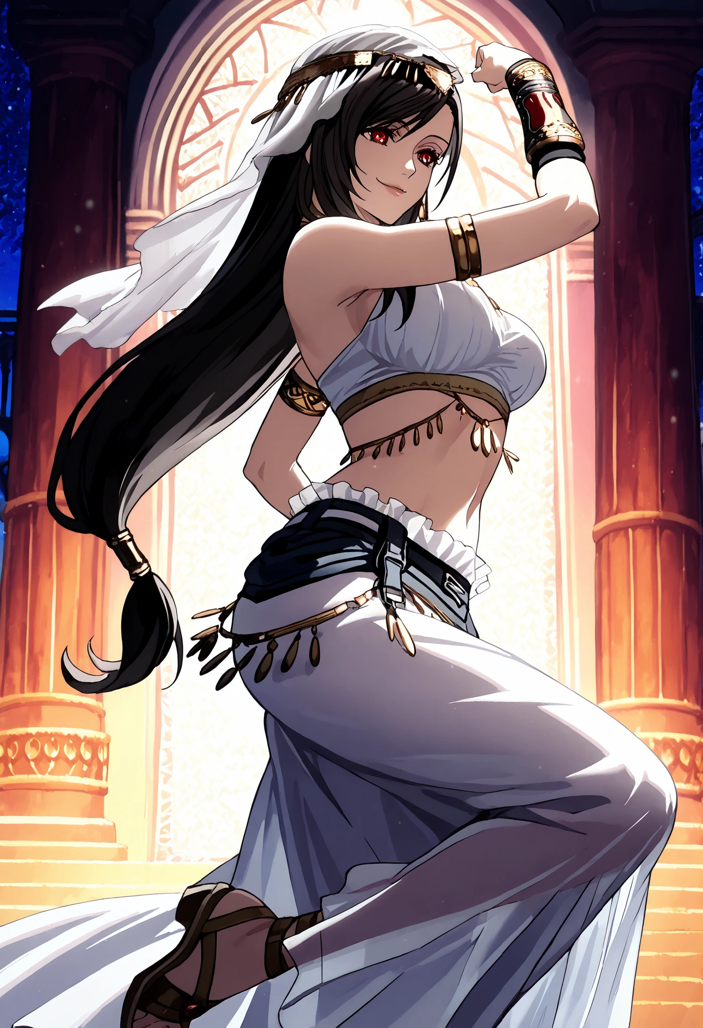 (1girl:1 . 5) , (Seul:1 . 5) , score_9 , score_8_haut , score_7_haut , source_anime , Official work , ultra-detailed , masterpiece , better quality , high resolution , beaux yeux , detailed eyes , Detailed face , beautiful detailed eyes,black hair, swept bangs, low-tied long hair, red eyes,Final Fantasy,Tifa Lockhart, dancer_fft,crop top,long skirt, belt,bracers, sandals, shawl,golden jewelery,armlet, belly dancing,night,arabian garden,seductive smile, dancing with veil, dynamic movement,dance posture, seductive pose