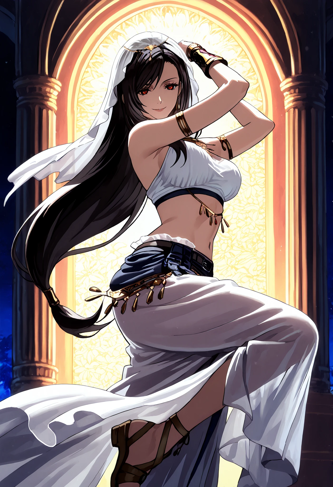 (1girl:1 . 5) , (Seul:1 . 5) , score_9 , score_8_haut , score_7_haut , source_anime , Official work , ultra-detailed , masterpiece , better quality , high resolution , beaux yeux , detailed eyes , Detailed face , beautiful detailed eyes,black hair, swept bangs, low-tied long hair, red eyes,Final Fantasy,Tifa Lockhart, dancer_fft,crop top,long skirt, belt,bracers, sandals, shawl,golden jewelery,armlet, belly dancing,night,arabian garden,seductive smile, dancing with veil, dynamic movement,dance posture, seductive pose