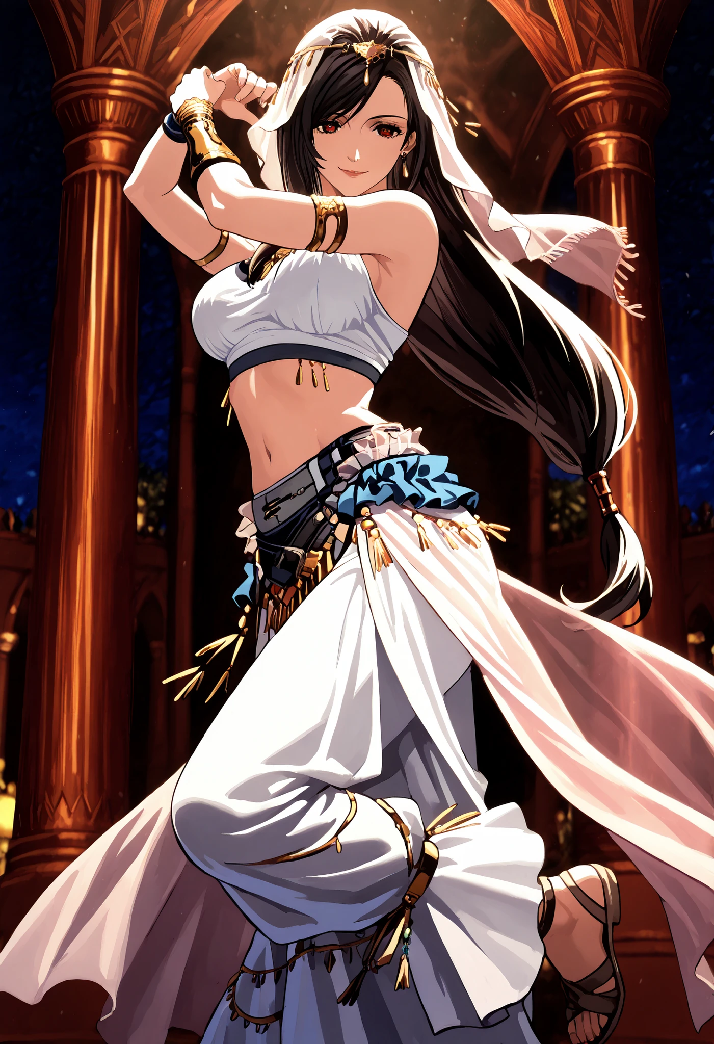 (1girl:1 . 5) , (Seul:1 . 5) , score_9 , score_8_haut , score_7_haut , source_anime , Official work , ultra-detailed , masterpiece , better quality , high resolution , beaux yeux , detailed eyes , Detailed face , beautiful detailed eyes,black hair, swept bangs, low-tied long hair, red eyes,Final Fantasy,Tifa Lockhart, dancer_fft,crop top,long skirt, belt,bracers, sandals, shawl,golden jewelery,armlet, belly dancing,night,arabian garden,seductive smile, dancing with veil, dynamic movement,dance posture, seductive pose