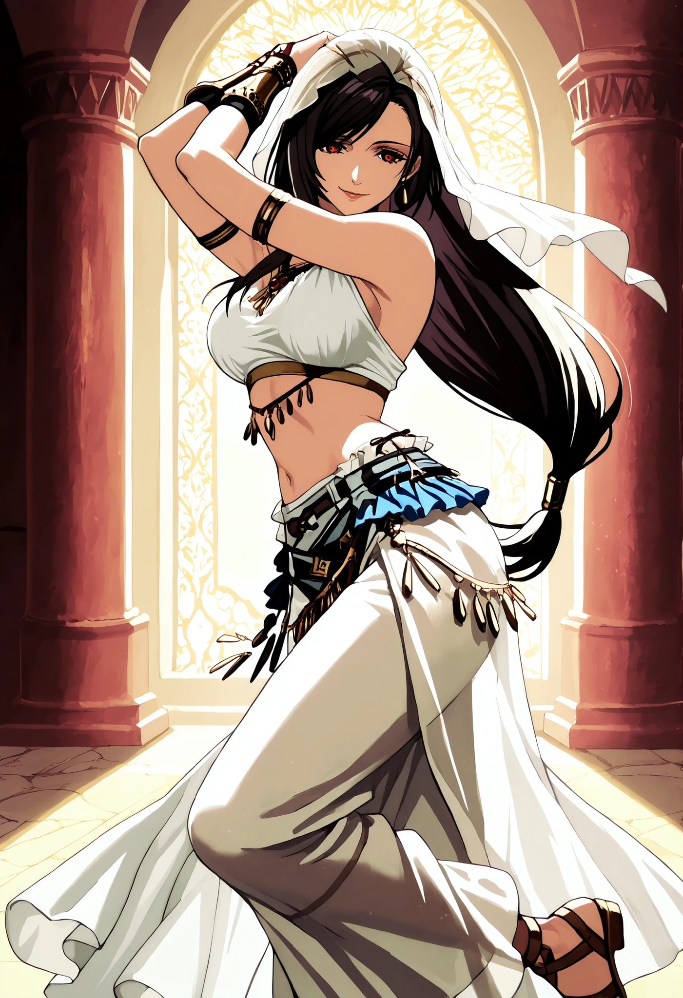 (1girl:1 . 5) , (Seul:1 . 5) , score_9 , score_8_haut , score_7_haut , source_anime , Official work , ultra-detailed , masterpiece , better quality , high resolution , beaux yeux , detailed eyes , Detailed face , beautiful detailed eyes,black hair, swept bangs, low-tied long hair, red eyes,Final Fantasy,Tifa Lockhart, dancer_fft,crop top,long skirt, belt,bracers, sandals, shawl,golden jewelery,armlet, belly dancing,arabian garden,seductive smile, dancing with veil, dynamic movement,dance posture, seductive pose