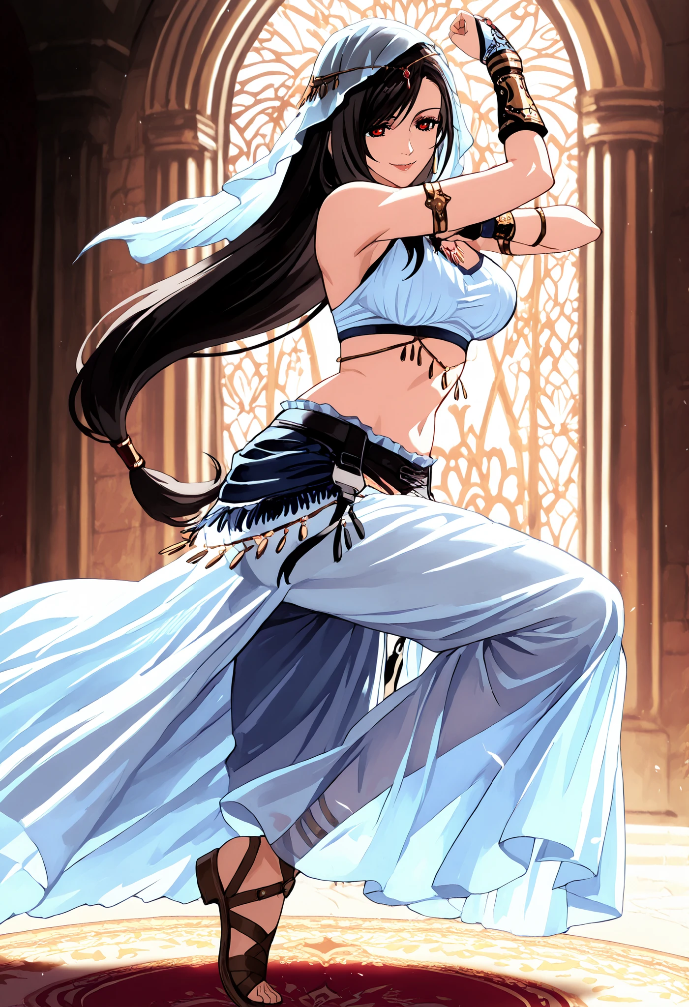 (1girl:1 . 5) , (Seul:1 . 5) , score_9 , score_8_haut , score_7_haut , source_anime , Official work , ultra-detailed , masterpiece , better quality , high resolution , beaux yeux , detailed eyes , Detailed face , beautiful detailed eyes,black hair, swept bangs, low-tied long hair, red eyes,Final Fantasy,Tifa Lockhart, dancer_fft,crop top,long skirt, belt,bracers, sandals, shawl,golden jewelery,armlet, belly dancing,arabian garden,seductive smile, dancing with veil, dynamic movement,dance posture, seductive pose