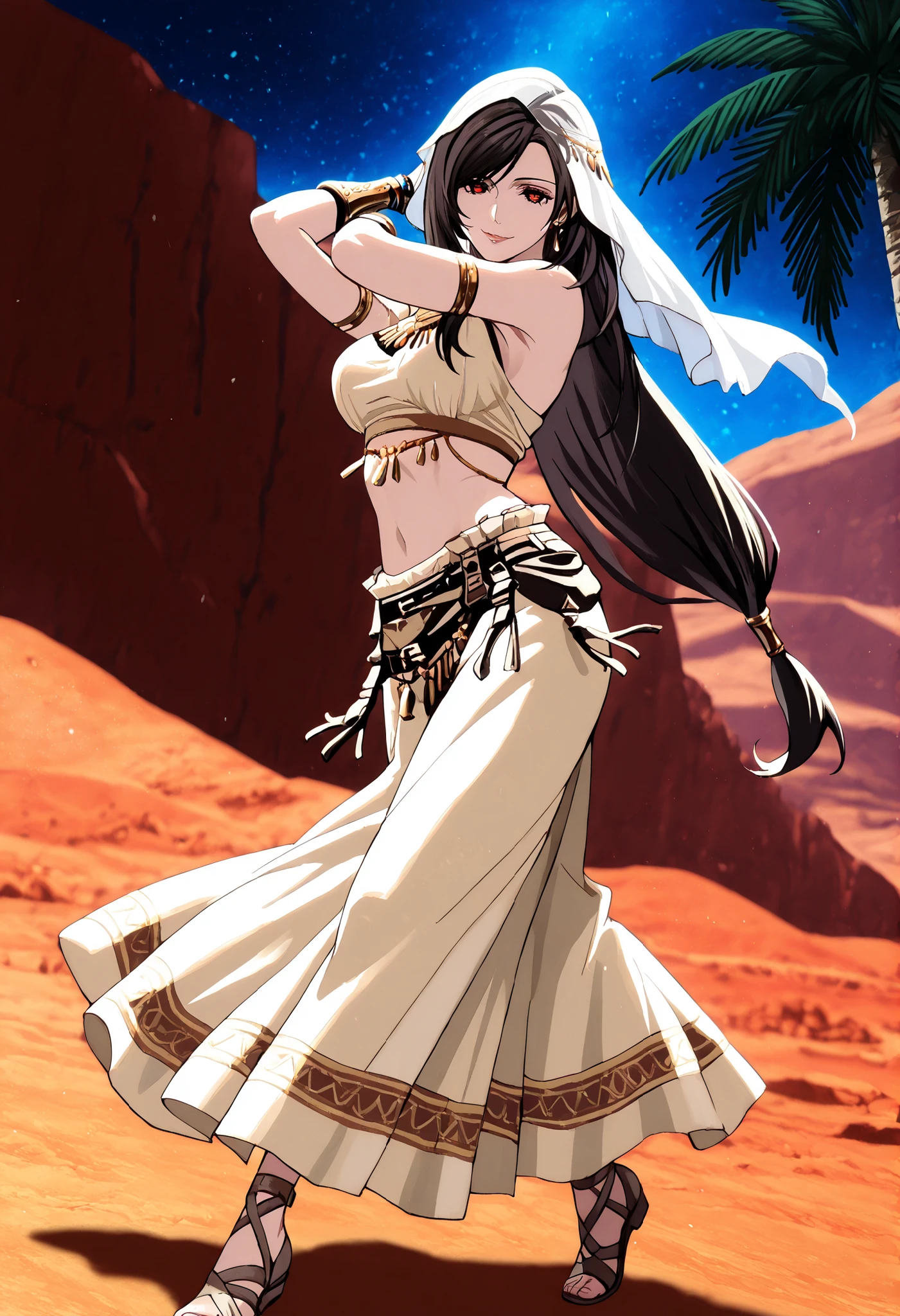 (1girl:1 . 5) , (Seul:1 . 5) , score_9 , score_8_haut , score_7_haut , source_anime , Official work , ultra-detailed , masterpiece , better quality , high resolution , beaux yeux , detailed eyes , Detailed face , beautiful detailed eyes,black hair, swept bangs, low-tied long hair, red eyes,Final Fantasy,Tifa Lockhart, dancer_fft,crop top,long skirt, belt,bracers, sandals, shawl,golden jewelery,armlet, belly dancing,night,desert lands,palm tree,seductive smile, dancing with veil, dynamic movement,dance posture, seductive pose