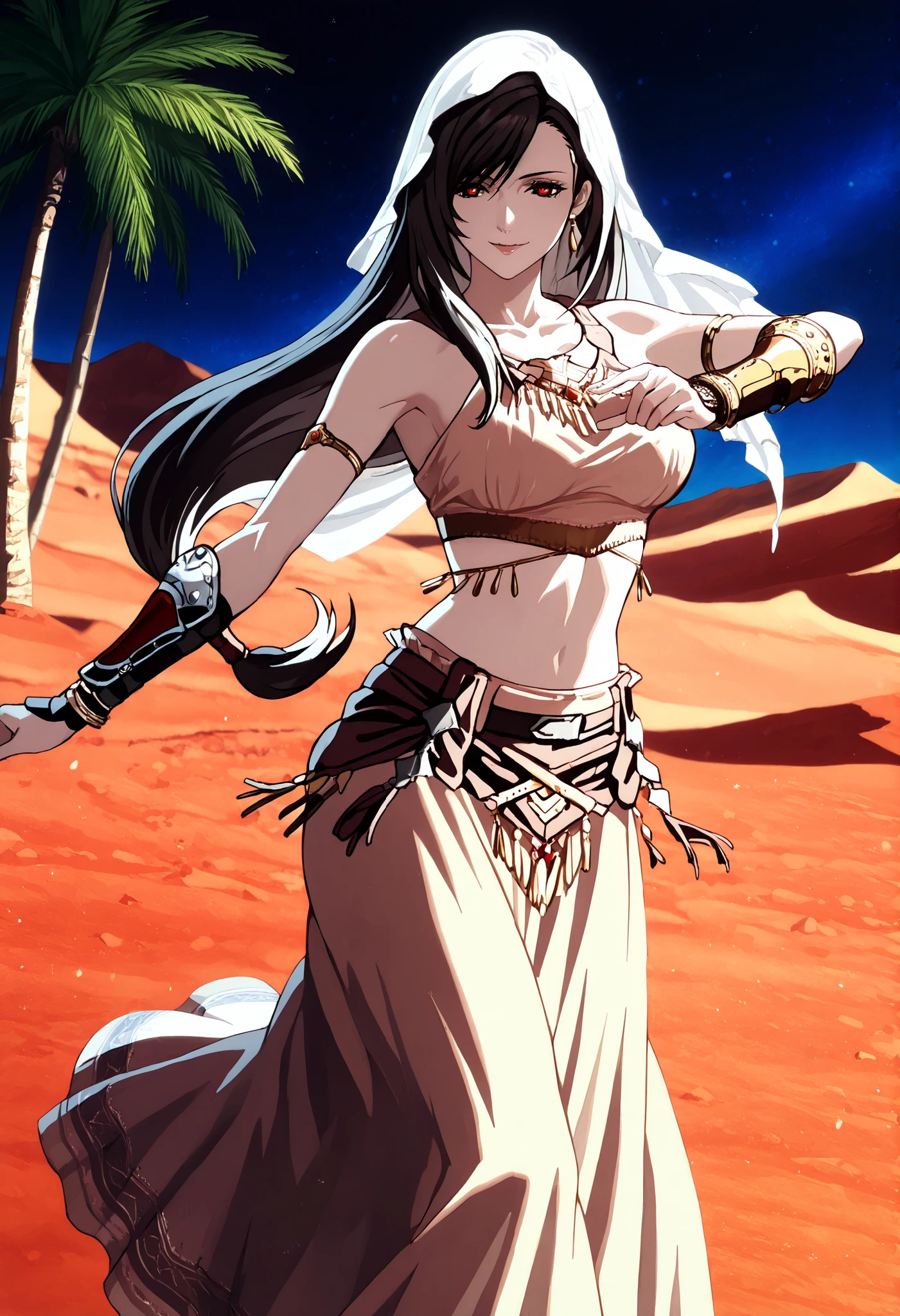 (1girl:1 . 5) , (Seul:1 . 5) , score_9 , score_8_haut , score_7_haut , source_anime , Official work , ultra-detailed , masterpiece , better quality , high resolution , beaux yeux , detailed eyes , Detailed face , beautiful detailed eyes,black hair, swept bangs, low-tied long hair, red eyes,Final Fantasy,Tifa Lockhart, dancer_fft,crop top,long skirt, belt,bracers, sandals, shawl,golden jewelery,armlet, belly dancing,night,desert lands,palm tree,seductive smile, dancing with veil, dynamic movement,dance posture, seductive pose