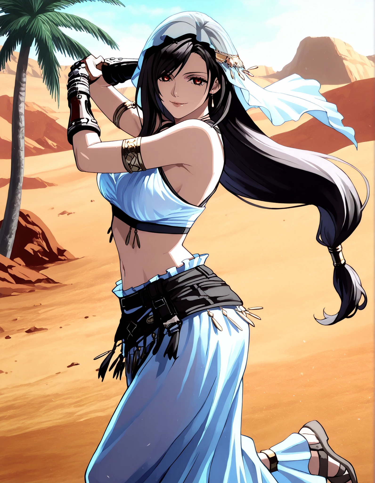 (1girl:1 . 5) , (Seul:1 . 5) , score_9 , score_8_haut , score_7_haut , source_anime , Official work , ultra-detailed , masterpiece , better quality , high resolution , beaux yeux , detailed eyes , Detailed face , beautiful detailed eyes,black hair, swept bangs, low-tied long hair, red eyes,Final Fantasy,Tifa Lockhart, dancer_fft,crop top,long skirt, belt,bracers, sandals, shawl,golden jewelery,armlet, belly dancing,desert lands,palm tree,seductive smile, dancing with veil, dynamic movement,dance posture, seductive pose