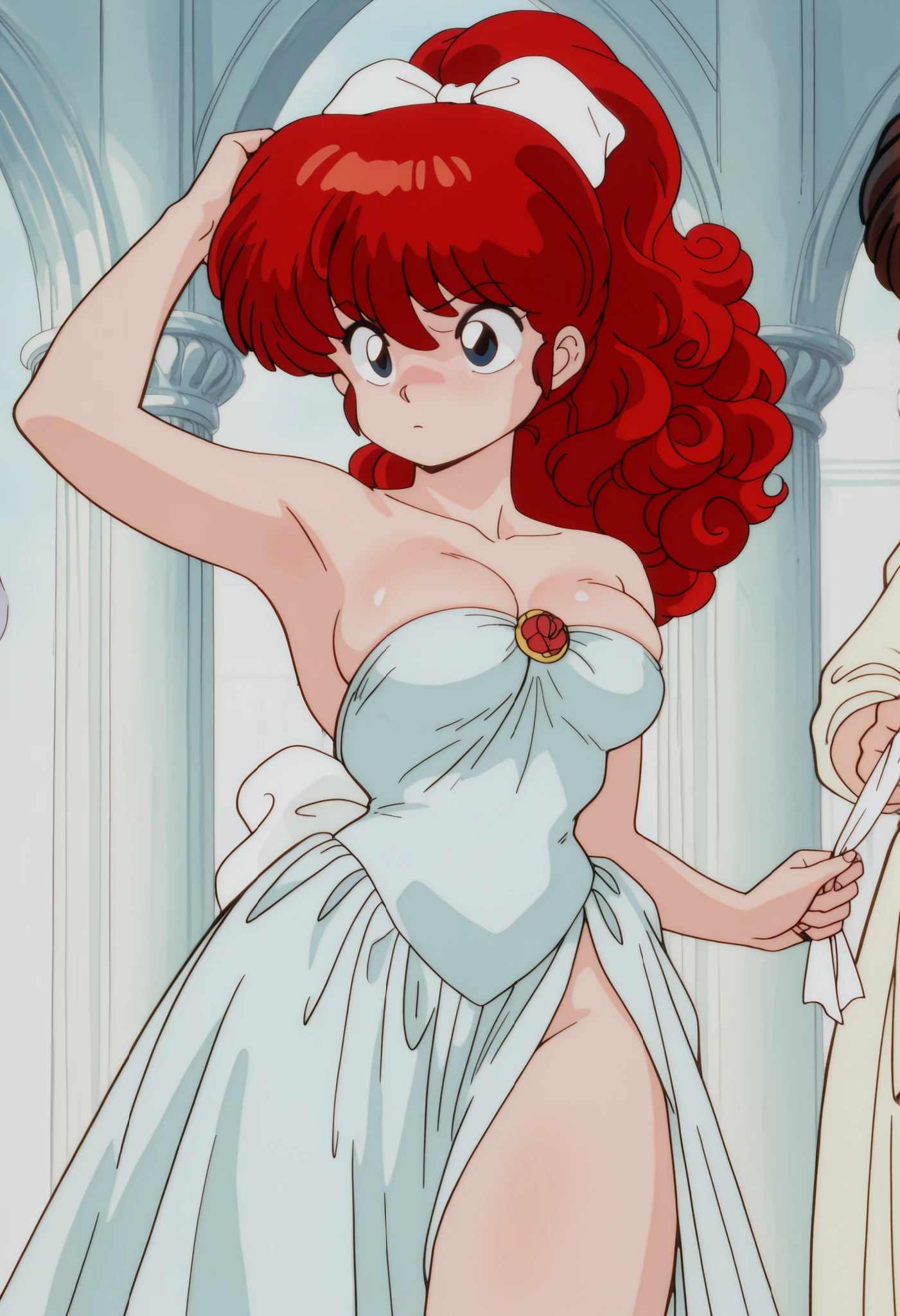 1 girl, ranma saotome, red hair, hair with ponytail, long hair, semi-curly hair , blue eyes, pechos grandes, NSFW, sexy waist, sexy hips, detailed breasts, burting breasts, overfilled breasts, tight breasts, Large neckline, white ribbon, ribbon tying hair, white dress, bow at the waist, red ornament on the neckline, long dress bare thighs, bare shoulders, blushed, White Palace, Concubine dress , strapless , strapless dress