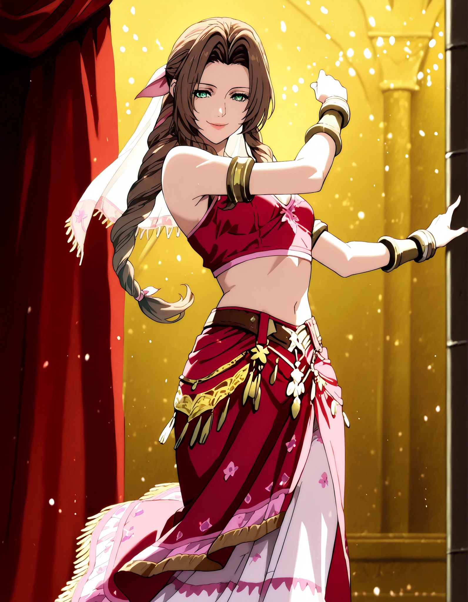 (1girl:1 . 5) , (Seul:1 . 5) , score_9 , score_8_haut , score_7_haut , source_anime , Official work  , ultra-detailed , masterpiece , better quality , high resolution , beaux yeux , detailed eyes , Detailed face , beautiful detailed eyes,braided ponytail, sidelocks, brown hair, green eyes, parted bangs, hair ribbon, pink ribbon,Final Fantasy,Aerith Gainsborough, dancer_fft,crop top,long skirt, belt,bracers, sandals, shawl,golden jewelery,armlet, belly dancing,arabian theater,seductive smile, dancing with veil, dynamic movement,dance posture,  pose