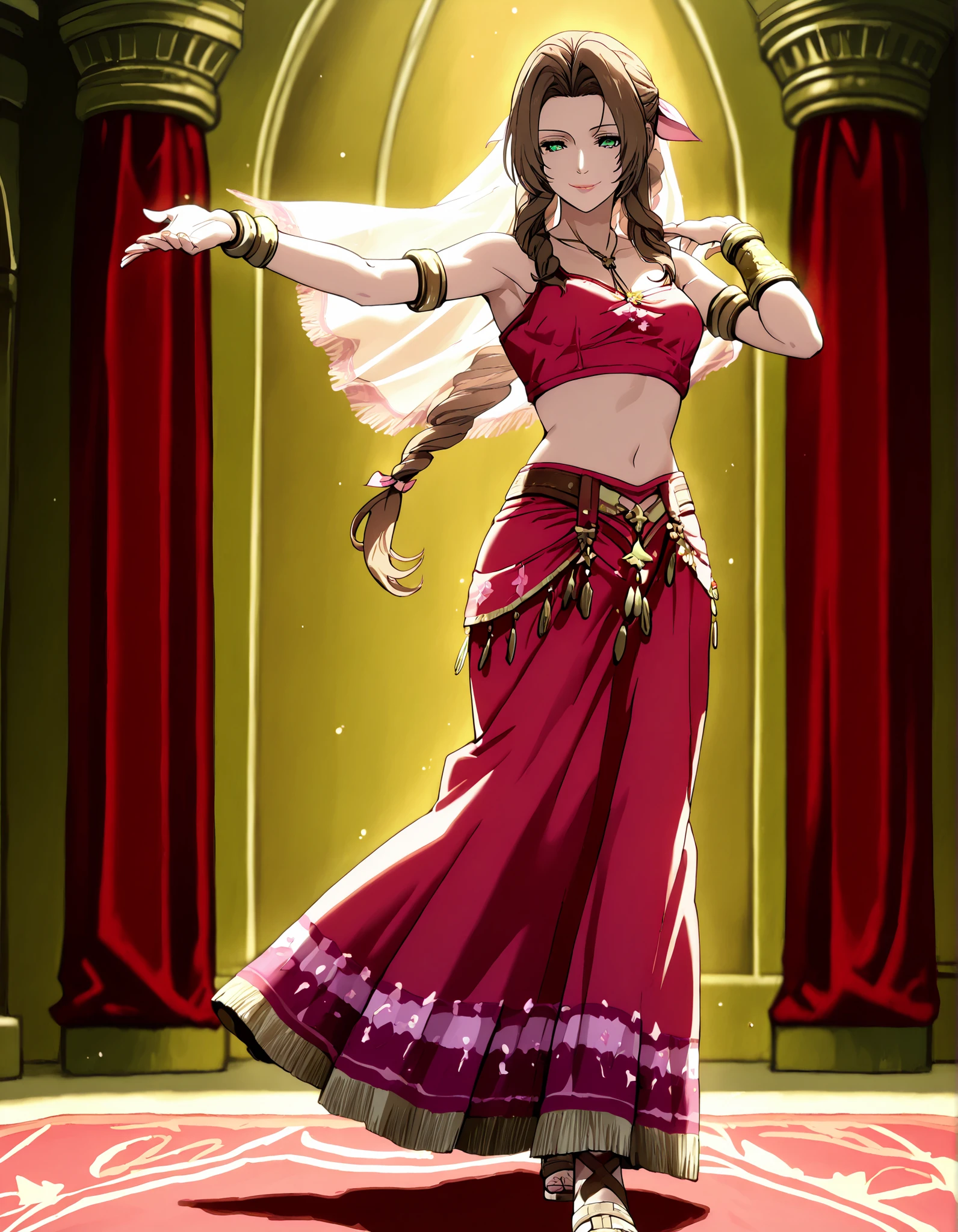 (1girl:1 . 5) , (Seul:1 . 5) , score_9 , score_8_haut , score_7_haut , source_anime , Official work  , ultra-detailed , masterpiece , better quality , high resolution , beaux yeux , detailed eyes , Detailed face , beautiful detailed eyes,braided ponytail, sidelocks, brown hair, green eyes, parted bangs, hair ribbon, pink ribbon,Final Fantasy,Aerith Gainsborough, dancer_fft,crop top,long skirt, belt,bracers, sandals, shawl,golden jewelery,armlet, belly dancing,arabian theater,seductive smile, dancing with veil, dynamic movement,dance posture,  pose