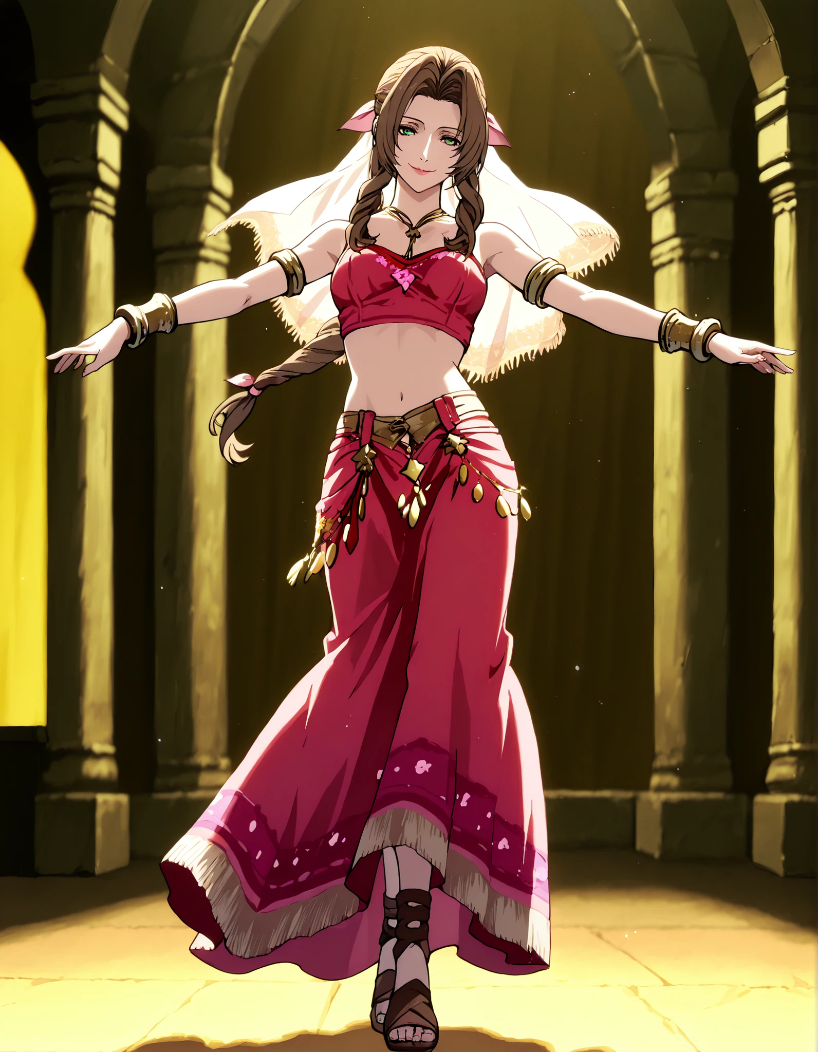 (1girl:1 . 5) , (Seul:1 . 5) , score_9 , score_8_haut , score_7_haut , source_anime , Official work  , ultra-detailed , masterpiece , better quality , high resolution , beaux yeux , detailed eyes , Detailed face , beautiful detailed eyes,braided ponytail, sidelocks, brown hair, green eyes, parted bangs, hair ribbon, pink ribbon,Final Fantasy,Aerith Gainsborough, dancer_fft,crop top,long skirt, belt,bracers, sandals, shawl,golden jewelery,armlet, belly dancing,arabian theater,seductive smile, dancing with veil, dynamic movement,dance posture,  pose