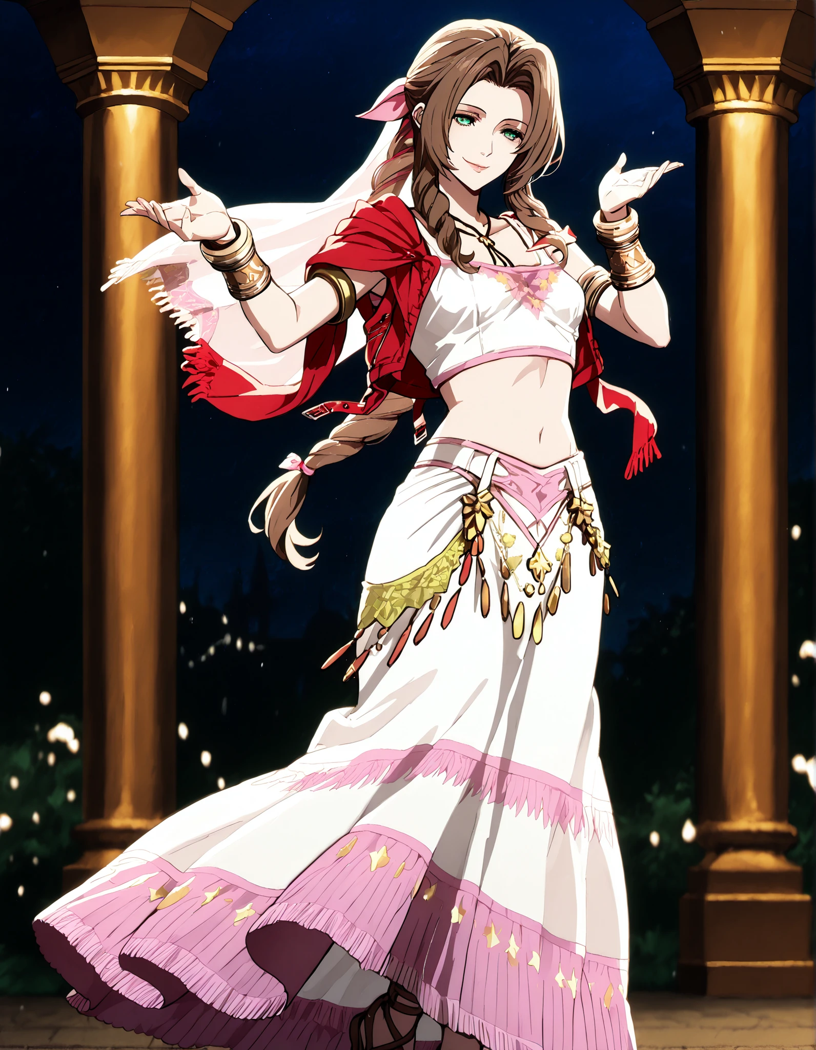 (1girl:1 . 5) , (Seul:1 . 5) , score_9 , score_8_haut , score_7_haut , source_anime , Official work , ultra-detailed , masterpiece , better quality , high resolution , beaux yeux , detailed eyes , Detailed face , beautiful detailed eyes,braided ponytail, sidelocks, brown hair, green eyes, parted bangs, hair ribbon, pink ribbon,Final Fantasy,Aerith Gainsborough, dancer_fft,crop top,long skirt, belt,bracers, sandals, shawl,golden jewelery,armlet, belly dancing,night,arabian garden,seductive smile, dancing with veil, dynamic movement,dance posture, pose