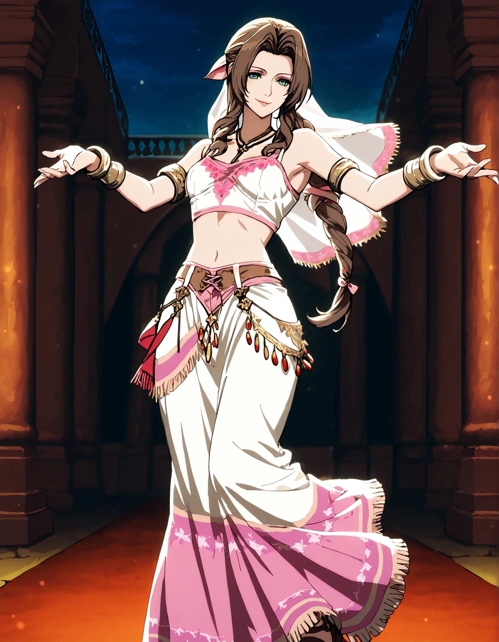 (1girl:1 . 5) , (Seul:1 . 5) , score_9 , score_8_haut , score_7_haut , source_anime , Official work  , ultra-detailed , masterpiece , better quality , high resolution , beaux yeux , detailed eyes , Detailed face , beautiful detailed eyes,braided ponytail, sidelocks, brown hair, green eyes, parted bangs, hair ribbon, pink ribbon,Final Fantasy,Aerith Gainsborough, dancer_fft,crop top,long skirt, belt,bracers, sandals, shawl,golden jewelery,armlet, belly dancing,night,arabian garden,seductive smile, dancing with veil, dynamic movement,dance posture,  pose