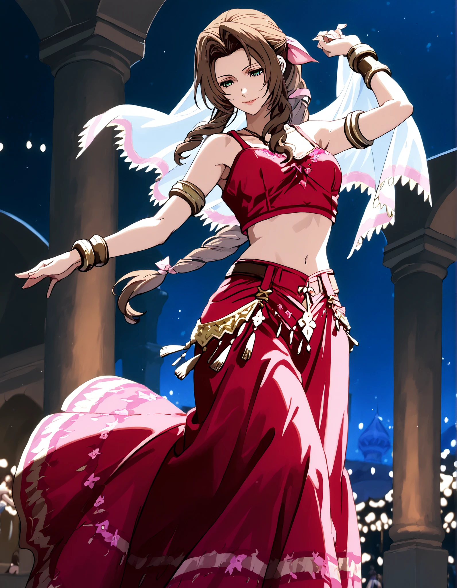 (1girl:1 . 5) , (Seul:1 . 5) , score_9 , score_8_haut , score_7_haut , source_anime , Official work  , ultra-detailed , masterpiece , better quality , high resolution , beaux yeux , detailed eyes , Detailed face , beautiful detailed eyes,braided ponytail, sidelocks, brown hair, green eyes, parted bangs, hair ribbon, pink ribbon,Final Fantasy,Aerith Gainsborough, dancer_fft,crop top,long skirt, belt,bracers, sandals, shawl,golden jewelery,armlet, belly dancing,night,arabian garden,seductive smile, dancing with veil, dynamic movement,dance posture,  pose