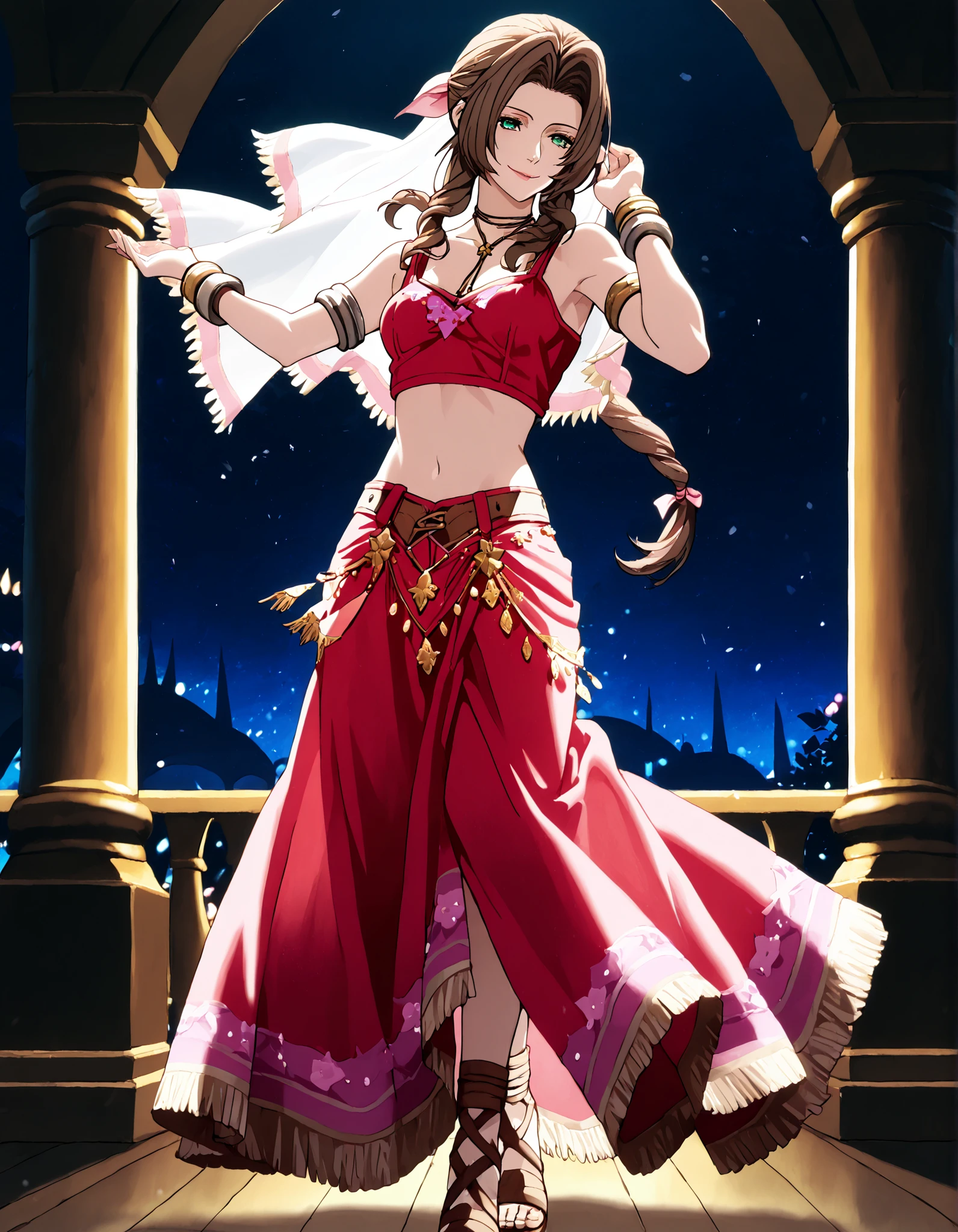 (1girl:1 . 5) , (Seul:1 . 5) , score_9 , score_8_haut , score_7_haut , source_anime , Official work , ultra-detailed , masterpiece , better quality , high resolution , beaux yeux , detailed eyes , Detailed face , beautiful detailed eyes,braided ponytail, sidelocks, brown hair, green eyes, parted bangs, hair ribbon, pink ribbon,Final Fantasy,Aerith Gainsborough, dancer_fft,crop top,long skirt, belt,bracers, sandals, shawl,golden jewelery,armlet, belly dancing,night,arabian garden,seductive smile, dancing with veil, dynamic movement,dance posture, pose