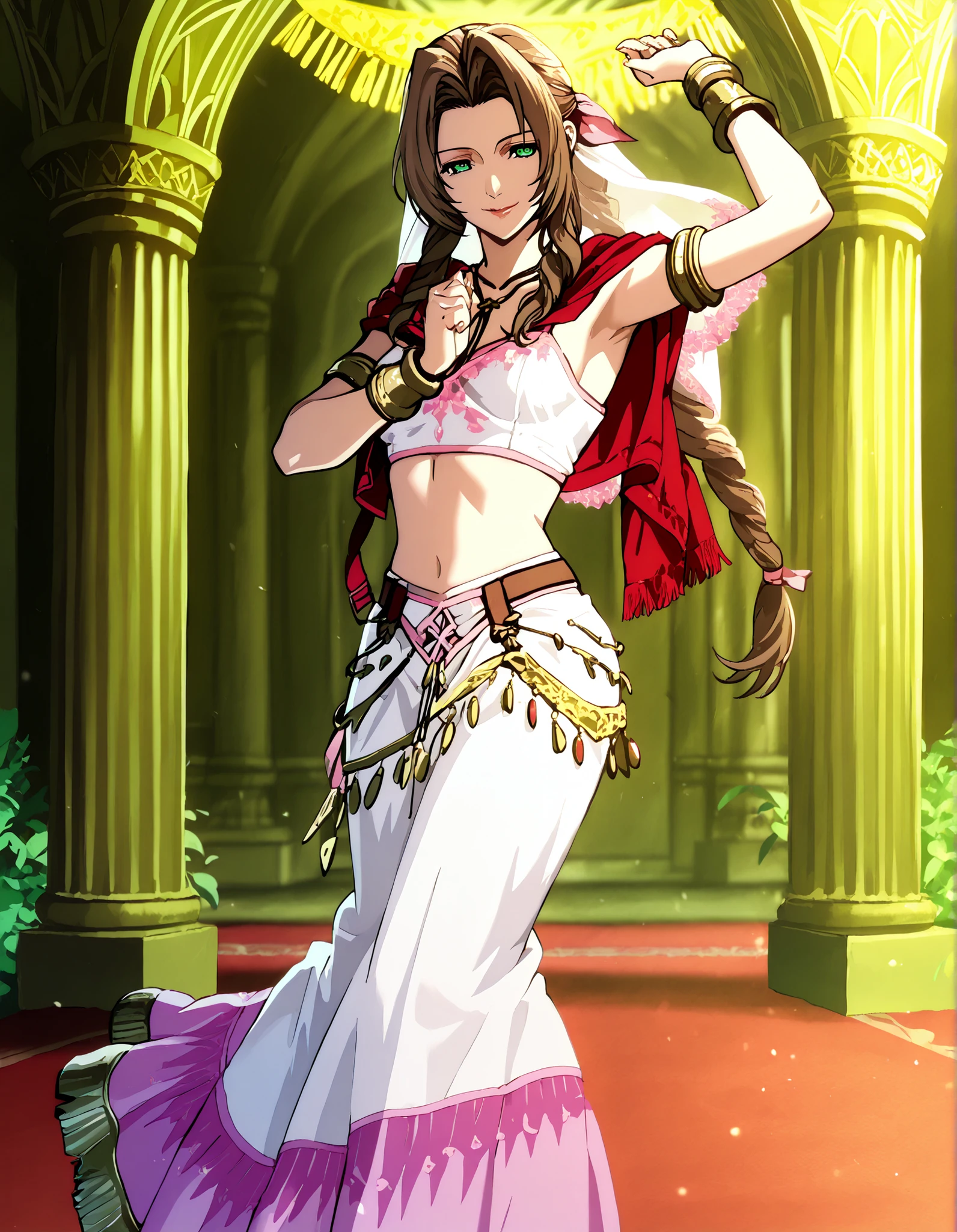 (1girl:1 . 5) , (Seul:1 . 5) , score_9 , score_8_haut , score_7_haut , source_anime , Official work , ultra-detailed , masterpiece , better quality , high resolution , beaux yeux , detailed eyes , Detailed face , beautiful detailed eyes,braided ponytail, sidelocks, brown hair, green eyes, parted bangs, hair ribbon, pink ribbon,Final Fantasy,Aerith Gainsborough, dancer_fft,crop top,long skirt, belt,bracers, sandals, shawl,golden jewelery,armlet, belly dancing,arabian garden,seductive smile, dancing with veil, dynamic movement,dance posture, pose