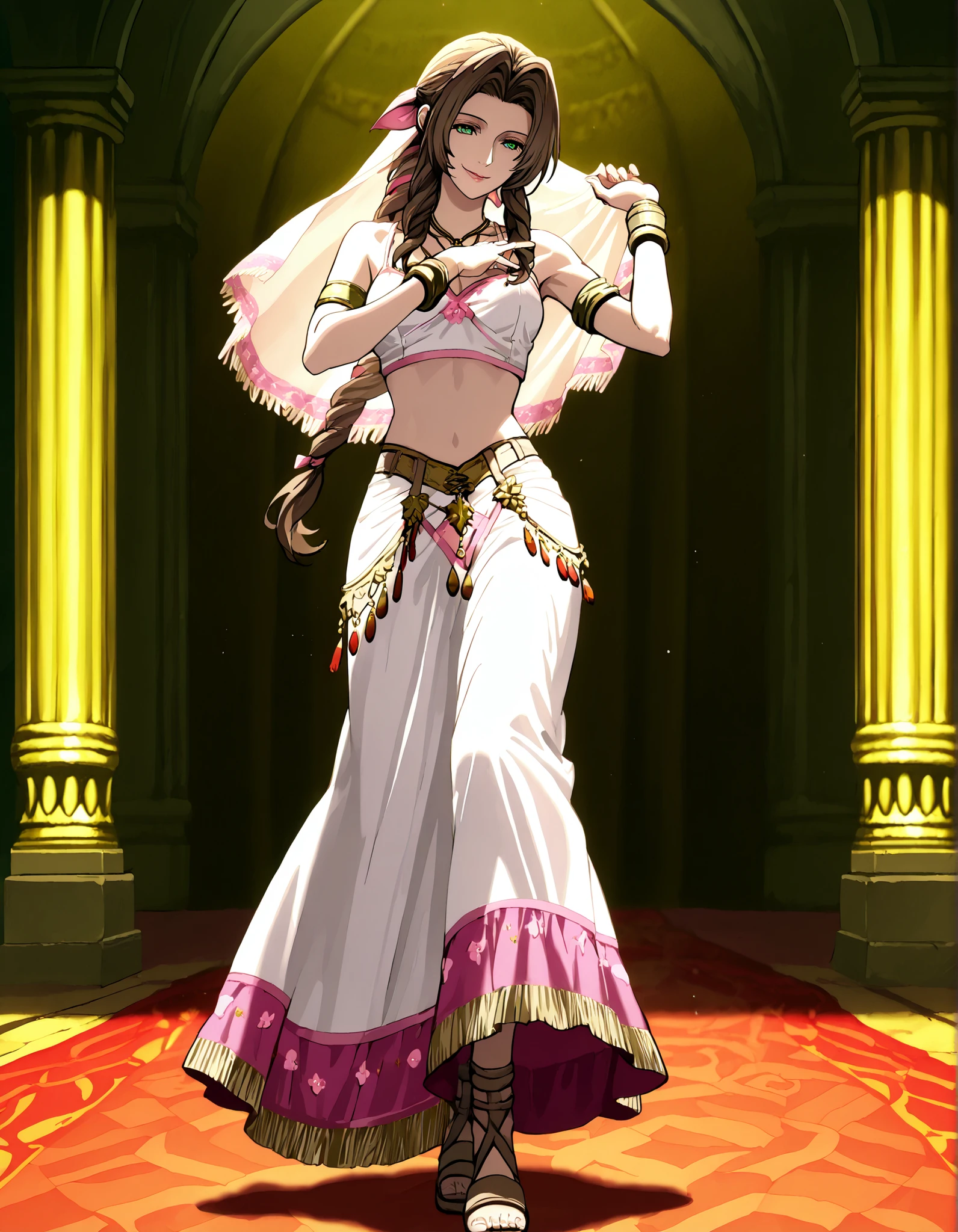 (1girl:1 . 5) , (Seul:1 . 5) , score_9 , score_8_haut , score_7_haut , source_anime , Official work , ultra-detailed , masterpiece , better quality , high resolution , beaux yeux , detailed eyes , Detailed face , beautiful detailed eyes,braided ponytail, sidelocks, brown hair, green eyes, parted bangs, hair ribbon, pink ribbon,Final Fantasy,Aerith Gainsborough, dancer_fft,crop top,long skirt, belt,bracers, sandals, shawl,golden jewelery,armlet, belly dancing,arabian garden,seductive smile, dancing with veil, dynamic movement,dance posture, seductive pose