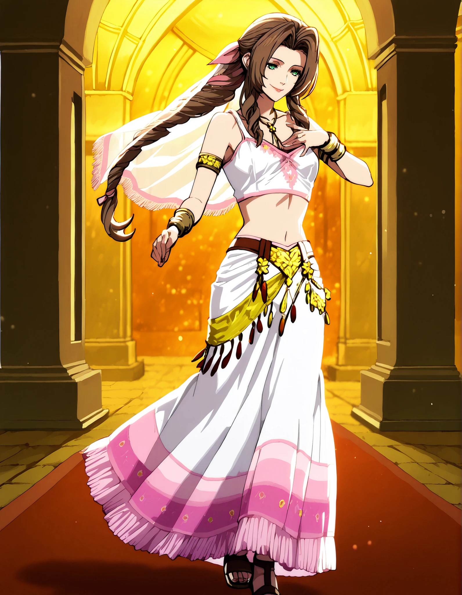 (1girl:1 . 5) , (Seul:1 . 5) , score_9 , score_8_haut , score_7_haut , source_anime , Official work , ultra-detailed , masterpiece , better quality , high resolution , beaux yeux , detailed eyes , Detailed face , beautiful detailed eyes,braided ponytail, sidelocks, brown hair, green eyes, parted bangs, hair ribbon, pink ribbon,Final Fantasy,Aerith Gainsborough, dancer_fft,crop top,long skirt, belt,bracers, sandals, shawl,golden jewelery,armlet, belly dancing,arabian garden,seductive smile, dancing with veil, dynamic movement,dance posture, pose