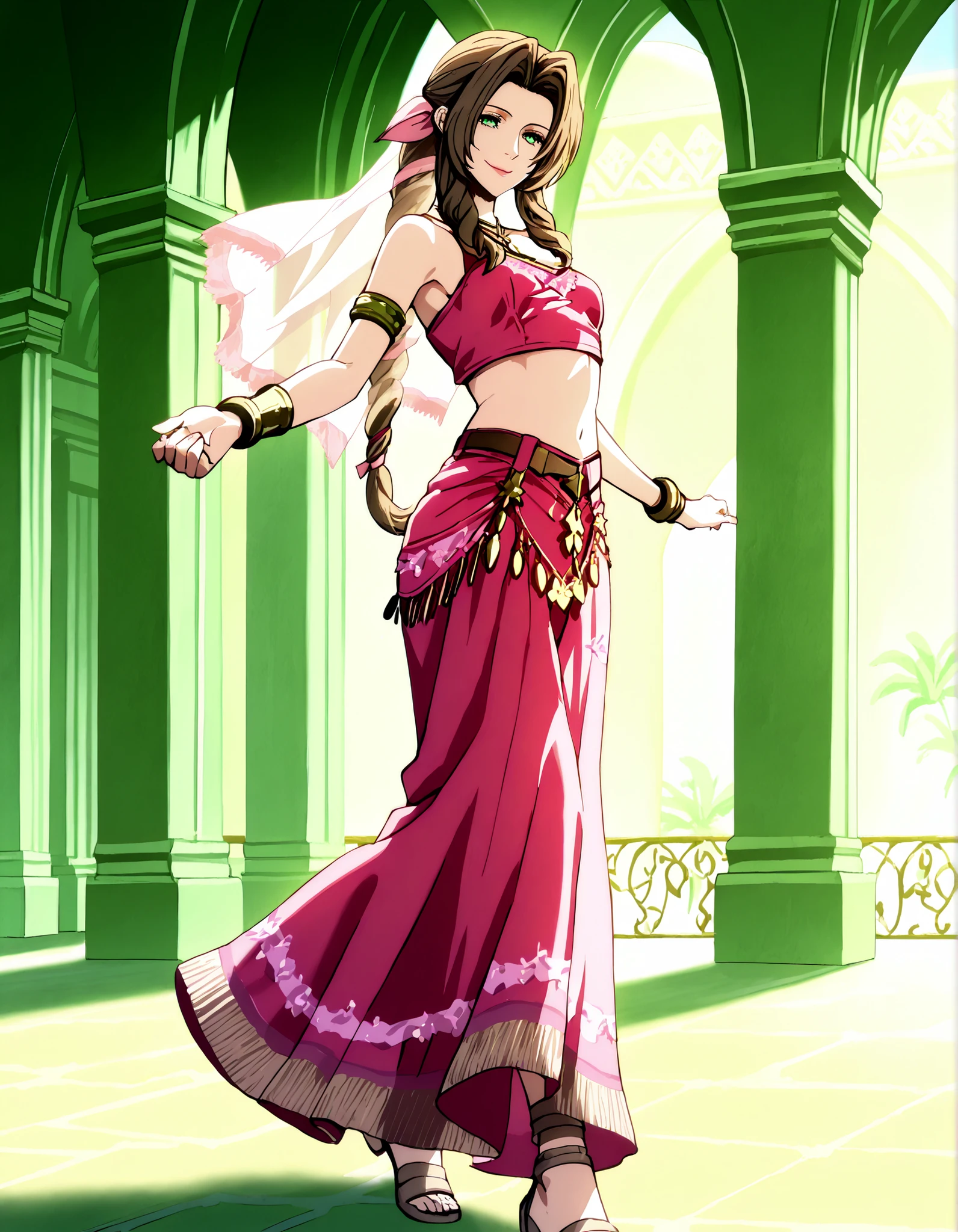 (1girl:1 . 5) , (Seul:1 . 5) , score_9 , score_8_haut , score_7_haut , source_anime , Official work , ultra-detailed , masterpiece , better quality , high resolution , beaux yeux , detailed eyes , Detailed face , beautiful detailed eyes,braided ponytail, sidelocks, brown hair, green eyes, parted bangs, hair ribbon, pink ribbon,Final Fantasy,Aerith Gainsborough, dancer_fft,crop top,long skirt, belt,bracers, sandals, shawl,golden jewelery,armlet, belly dancing,arabian garden,seductive smile, dancing with veil, dynamic movement,dance posture, pose