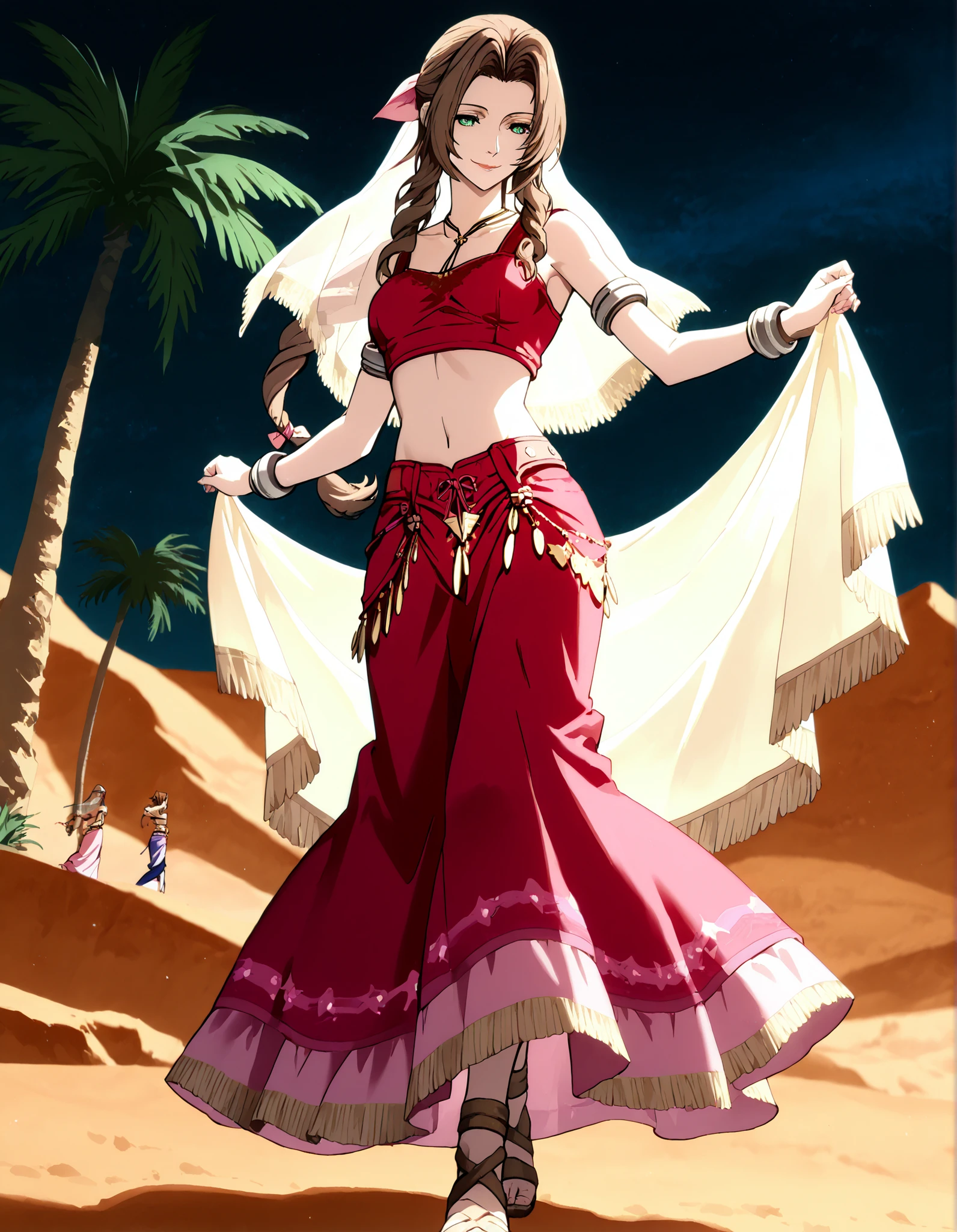 (1girl:1 . 5) , (Seul:1 . 5) , score_9 , score_8_haut , score_7_haut , source_anime , Official work , ultra-detailed , masterpiece , better quality , high resolution , beaux yeux , detailed eyes , Detailed face , beautiful detailed eyes,braided ponytail, sidelocks, brown hair, green eyes, parted bangs, hair ribbon, pink ribbon,Final Fantasy,Aerith Gainsborough, dancer_fft,crop top,long skirt, belt,bracers, sandals, shawl,golden jewelery,armlet, belly dancing,night,desert lands,palm tree,seductive smile, dancing with veil, dynamic movement,dance posture, pose