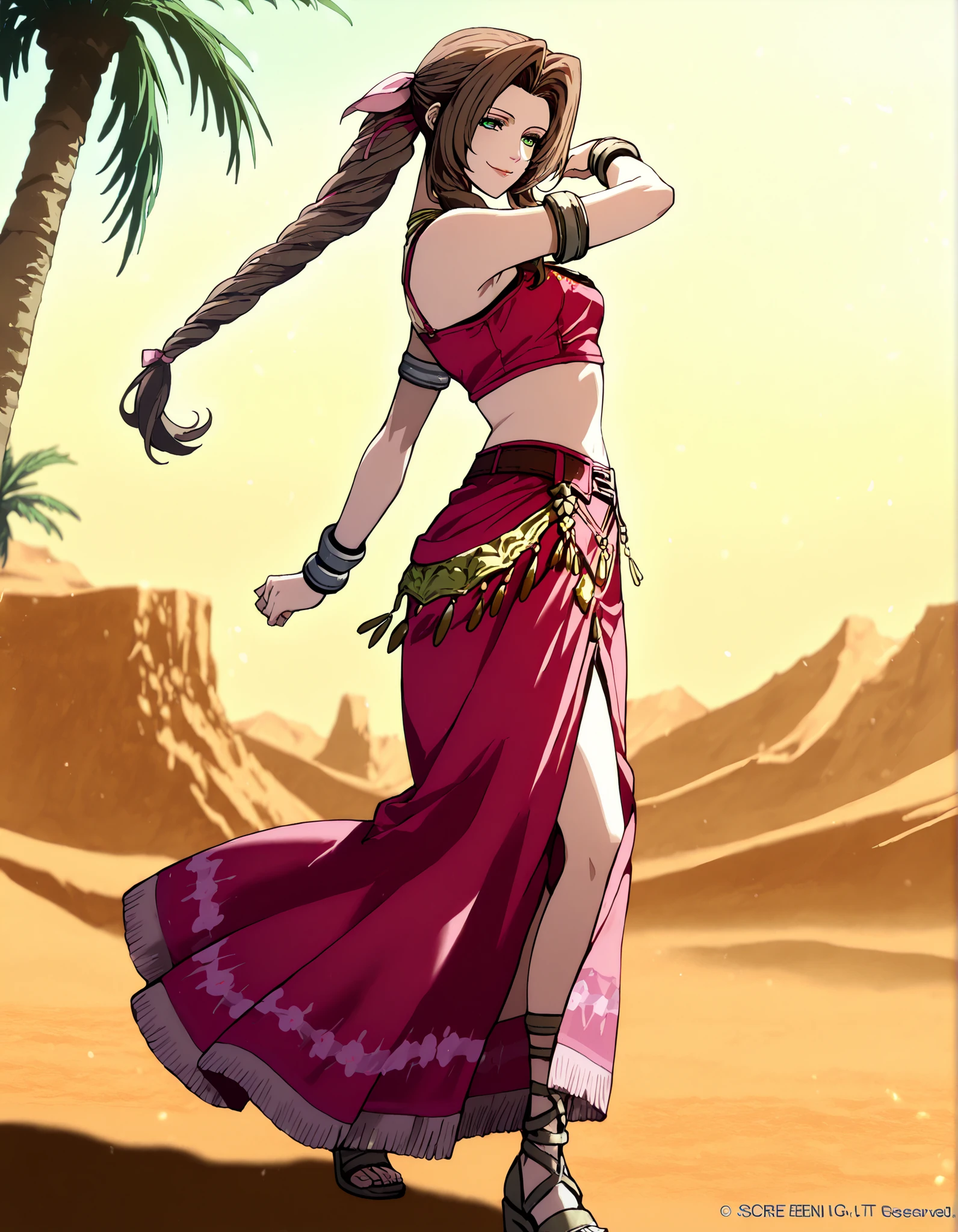 (1girl:1 . 5) , (Seul:1 . 5) , score_9 , score_8_haut , score_7_haut , source_anime , Official work , ultra-detailed , masterpiece , better quality , high resolution , beaux yeux , detailed eyes , Detailed face , beautiful detailed eyes,braided ponytail, sidelocks, brown hair, green eyes, parted bangs, hair ribbon, pink ribbon,Final Fantasy,Aerith Gainsborough, dancer_fft,crop top,long skirt, belt,bracers, sandals, shawl,golden jewelery,armlet, belly dancing,desert lands,palm tree,seductive smile, dancing with veil, dynamic movement,dance posture, pose